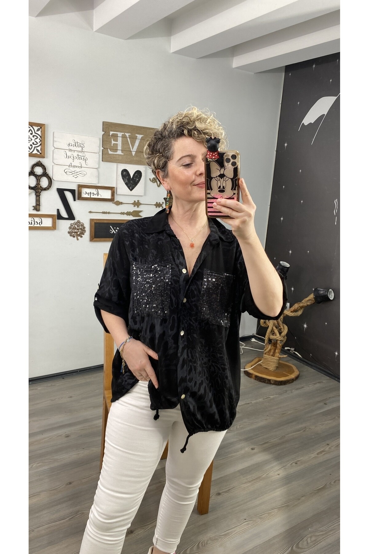 Cento Leopar Pul Detaylı Tasarım Gömlek Siyah