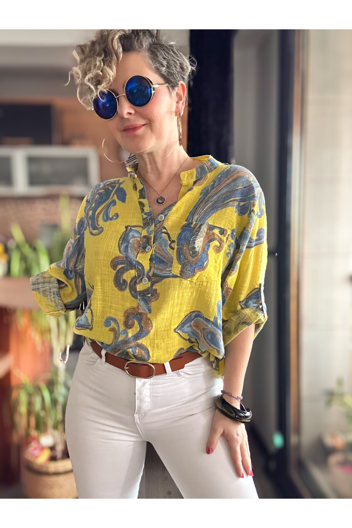 Citta Şal Yaprak Desen İtalyan Gömlek Sarı