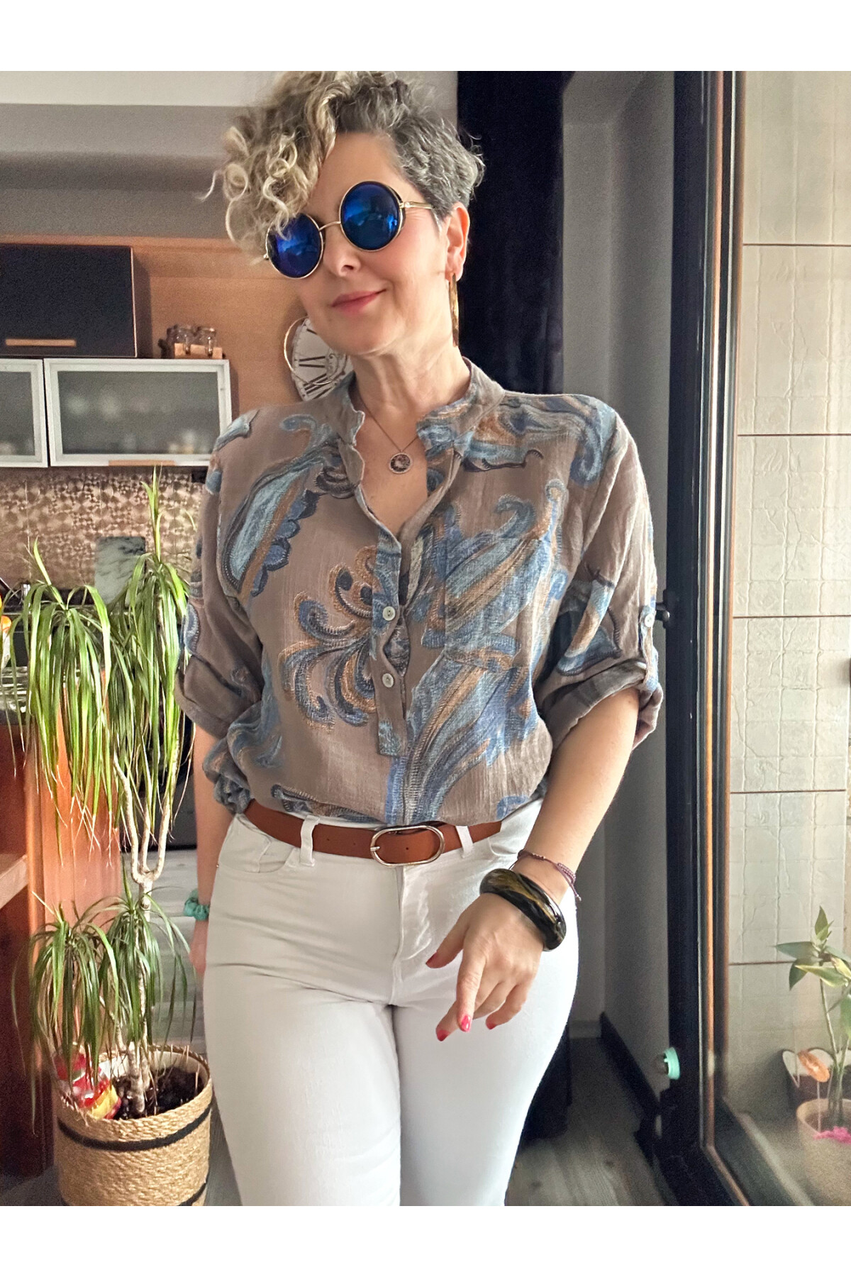 Citta Şal Yaprak Desen İtalyan Gömlek Vizon