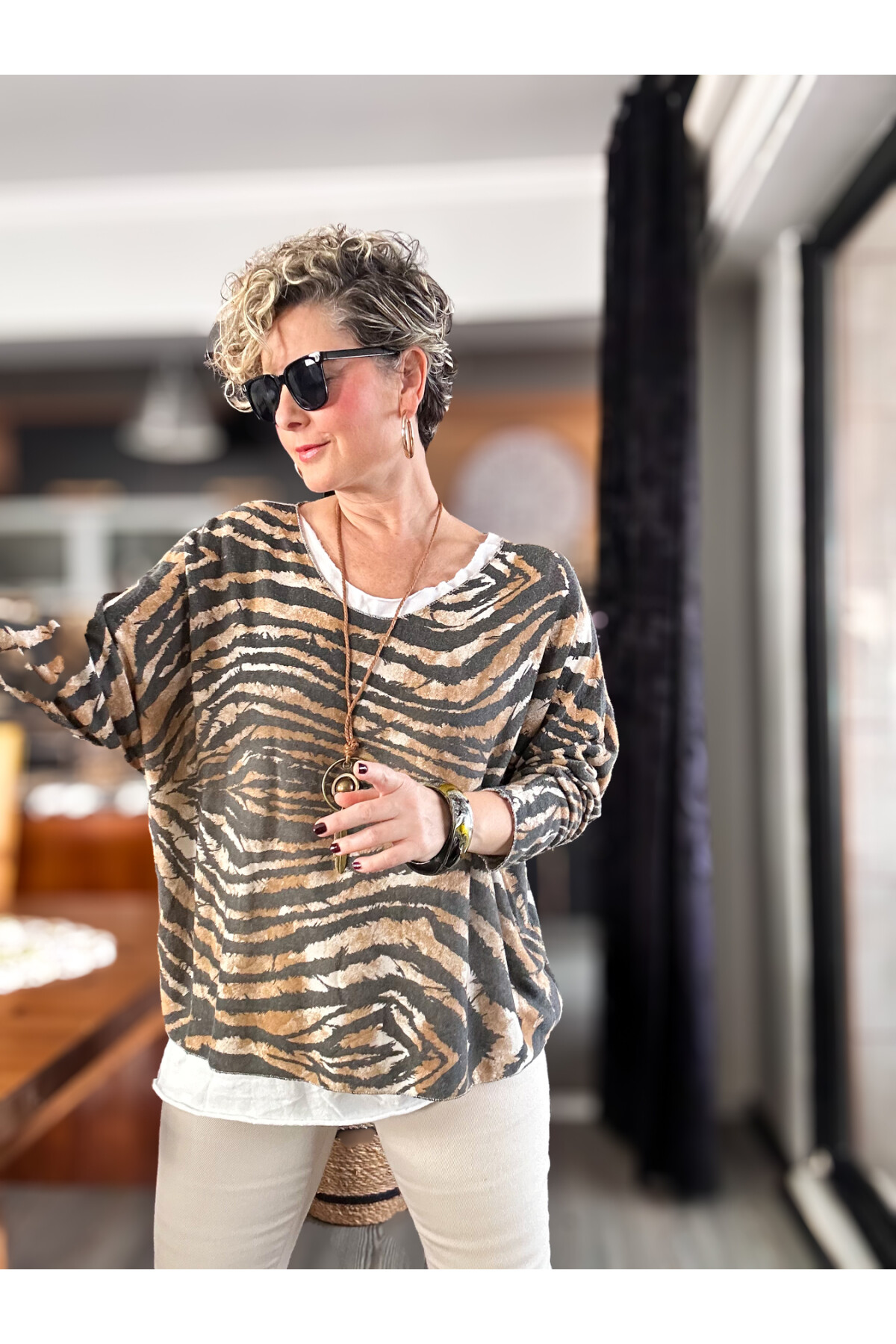 Cupra Zebra Desen Kolyeli İtalyan Bluz Triko
