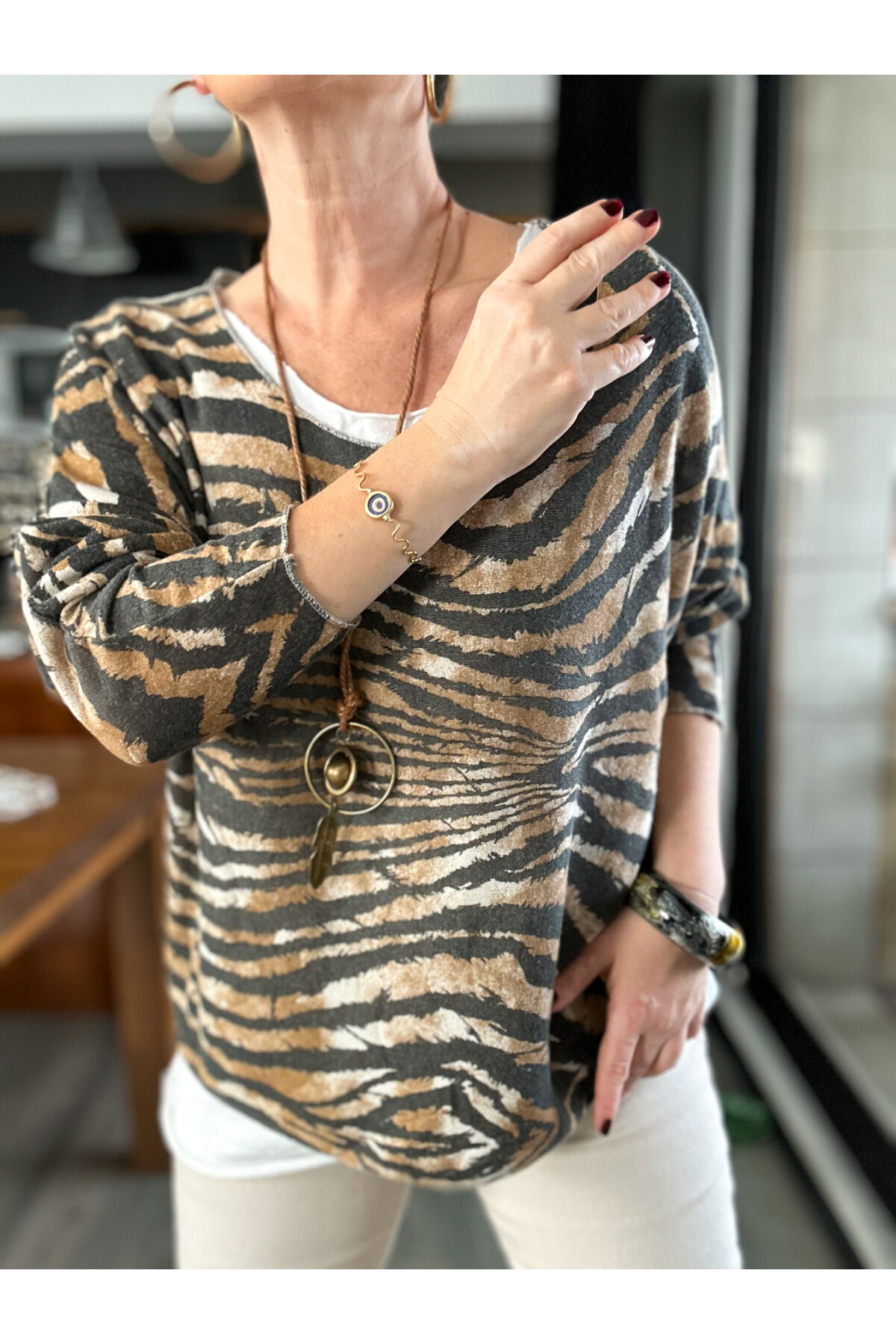 Cupra Zebra Desen Kolyeli İtalyan Bluz Triko