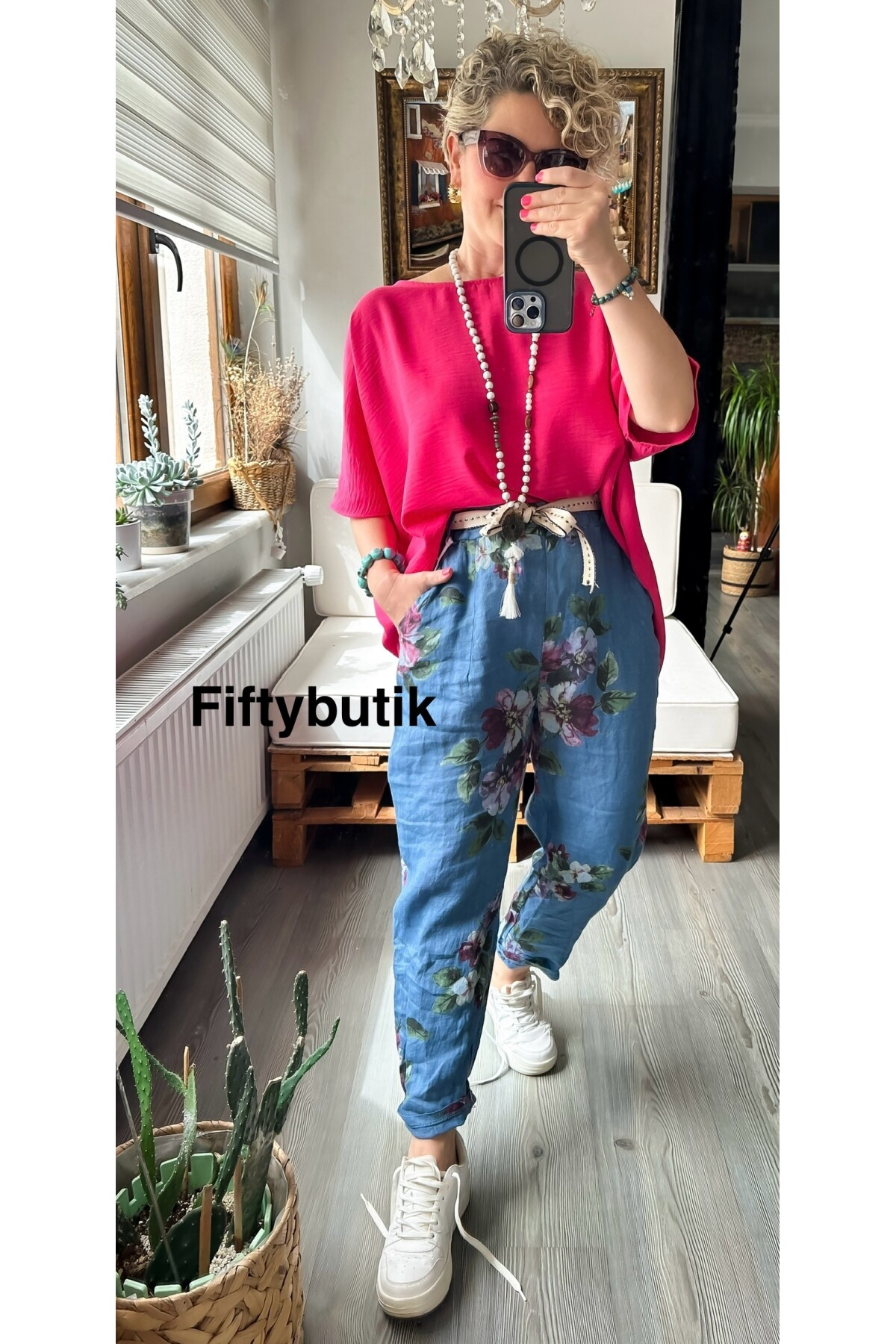 Delli İtalyan Çiçek Desen İndigo Mavi Keten Pantolon