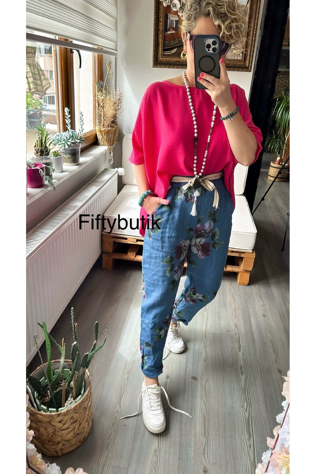 Delli İtalyan Çiçek Desen İndigo Mavi Keten Pantolon