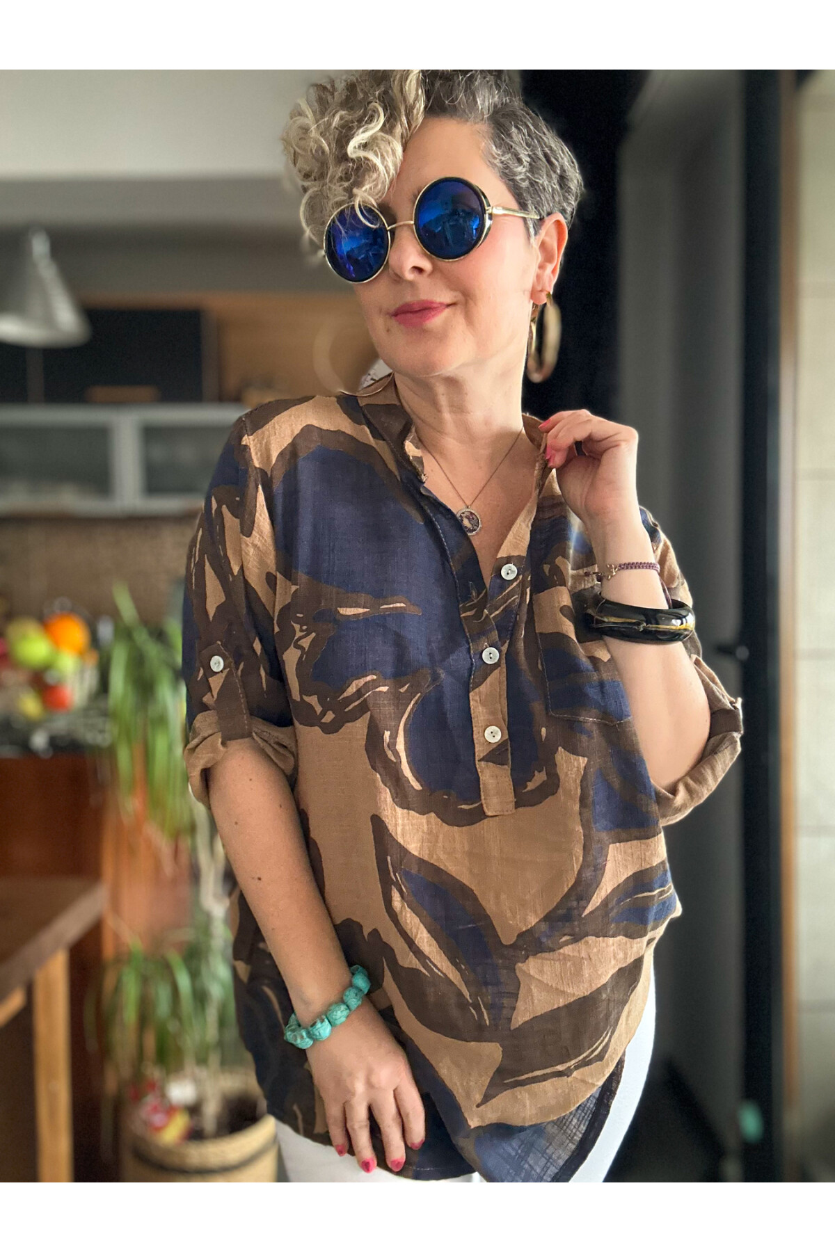 Desci Yaprak Gül Desen İtalyan Gömlek Cappuccino