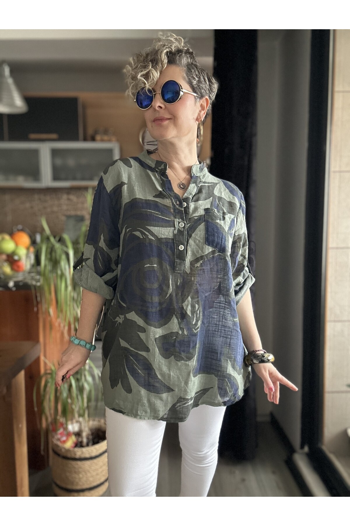 Desci Yaprak Gül Desen İtalyan Gömlek Haki