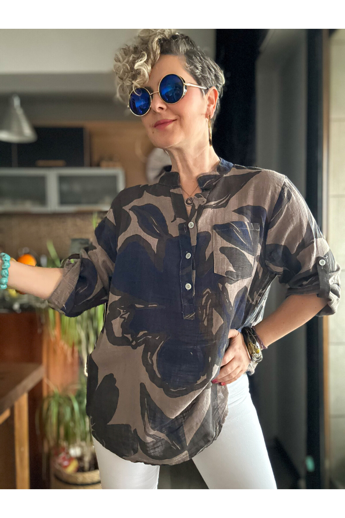 Desci Yaprak Gül Desen İtalyan Gömlek Vizon