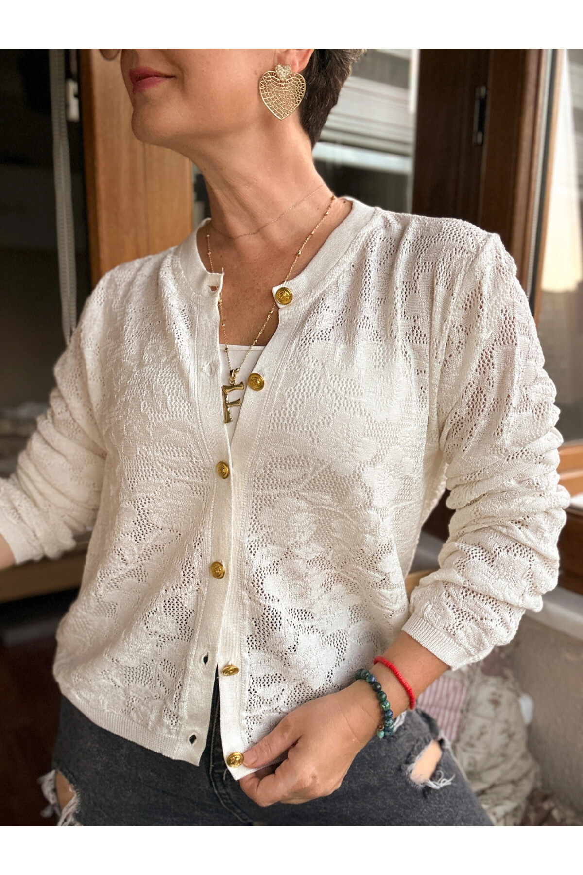 Dilan Gold Düğme Merserize Hırka Ekru