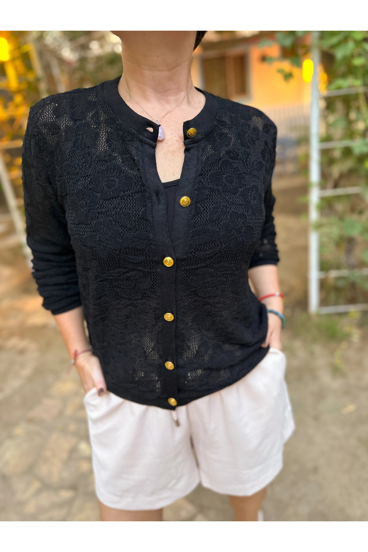 Dilan Gold Düğme Merserize Hırka Siyah