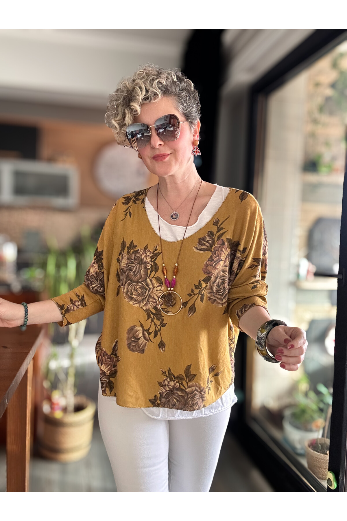 Ento Çiçek Desen Kolyeli İtalyan Bluz Hardal