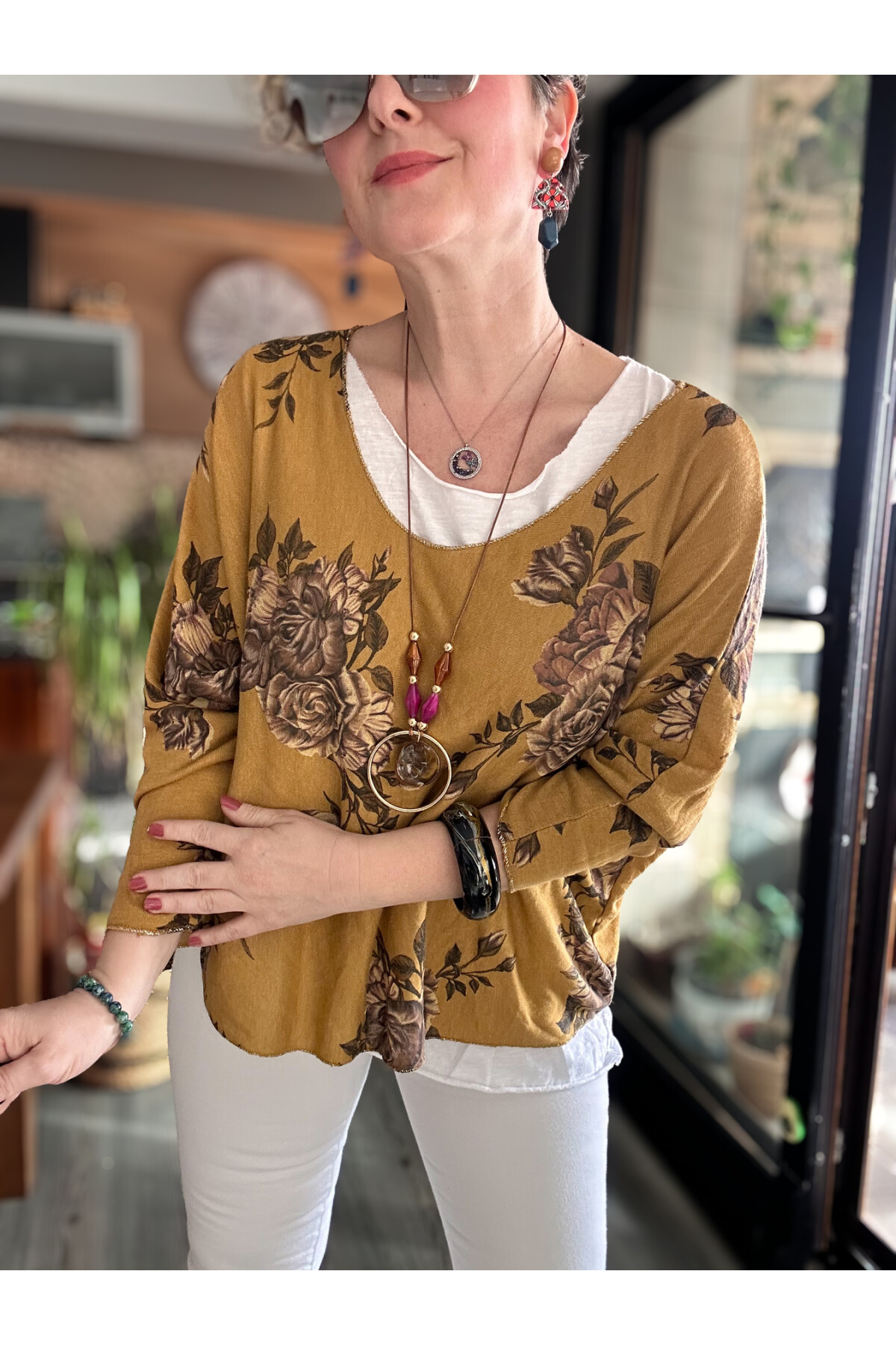 Ento Çiçek Desen Kolyeli İtalyan Bluz Hardal