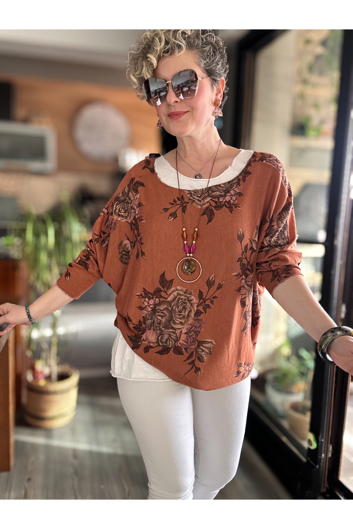 Ento Çiçek Desen Kolyeli İtalyan Bluz Kiremit