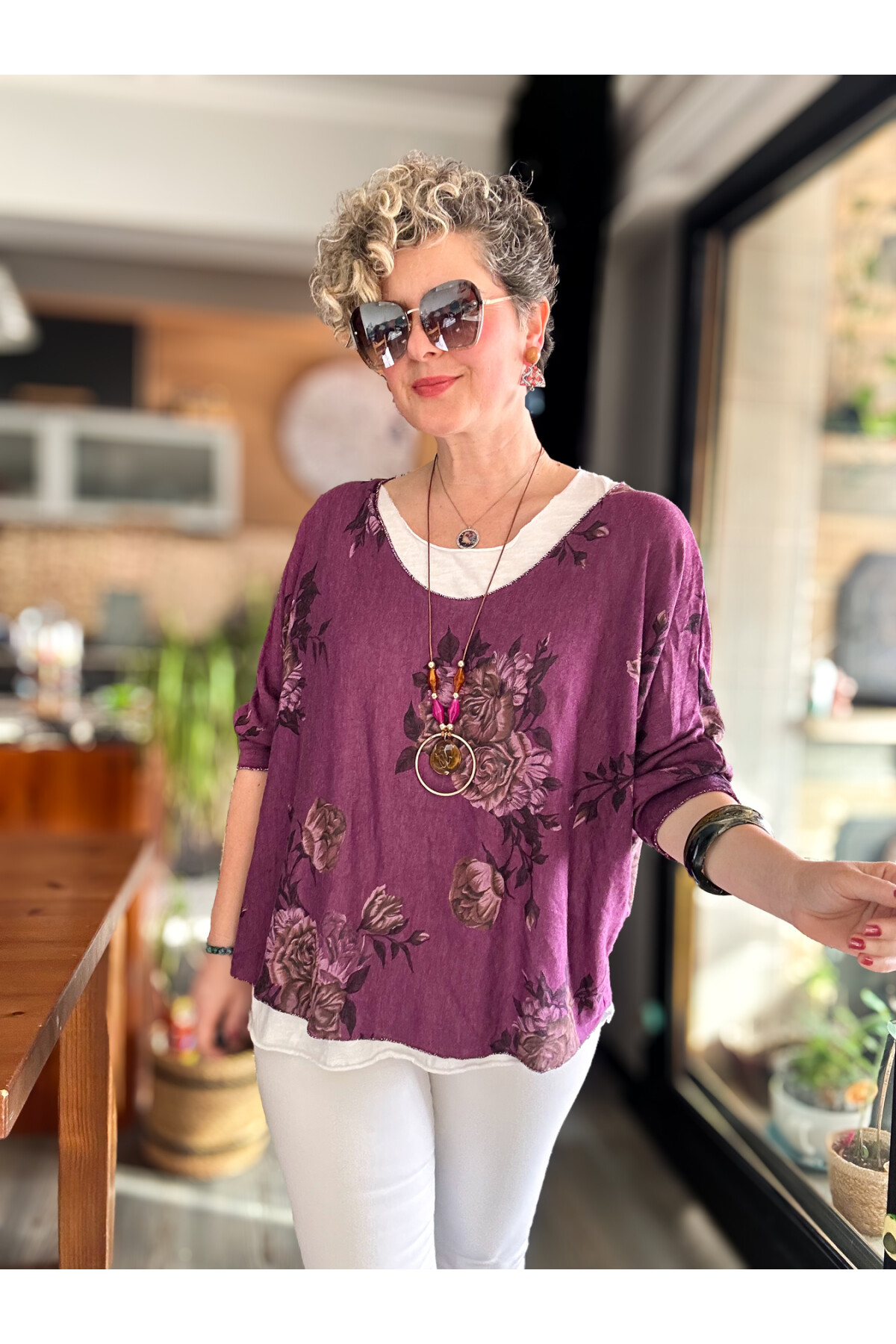 Ento Çiçek Desen Kolyeli İtalyan Bluz Mor