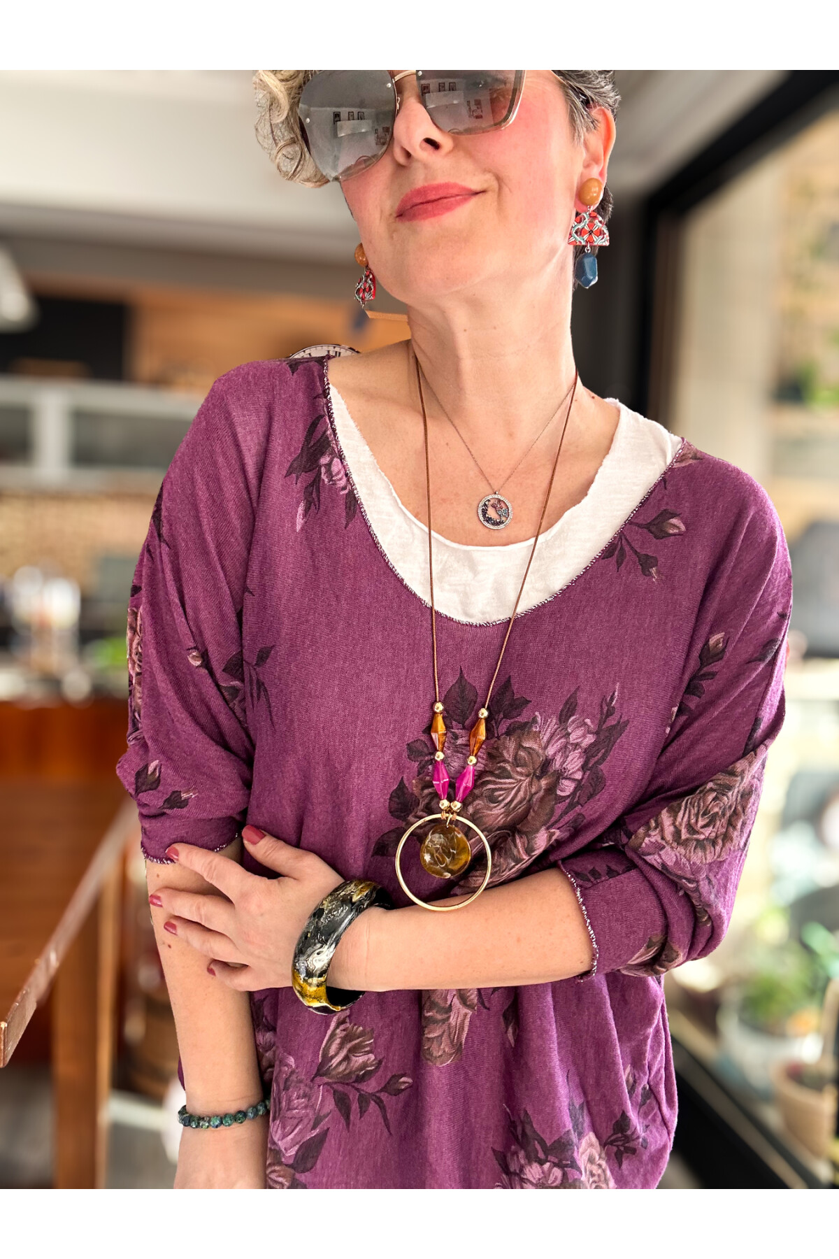 Ento Çiçek Desen Kolyeli İtalyan Bluz Mor