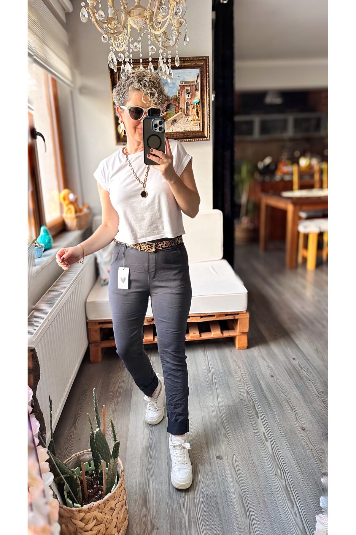 Falco İtalyan Leopar Kemer Detay Sihirli Pantolon Gri