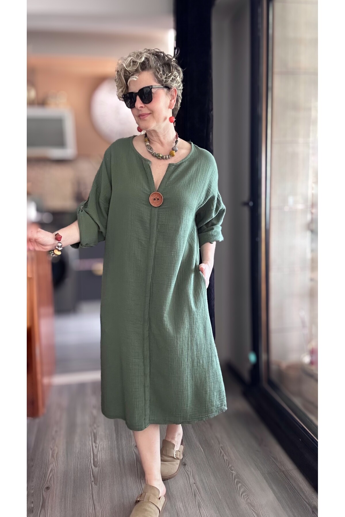 Faleria Müslin Tahta Düğme Elbise Haki
