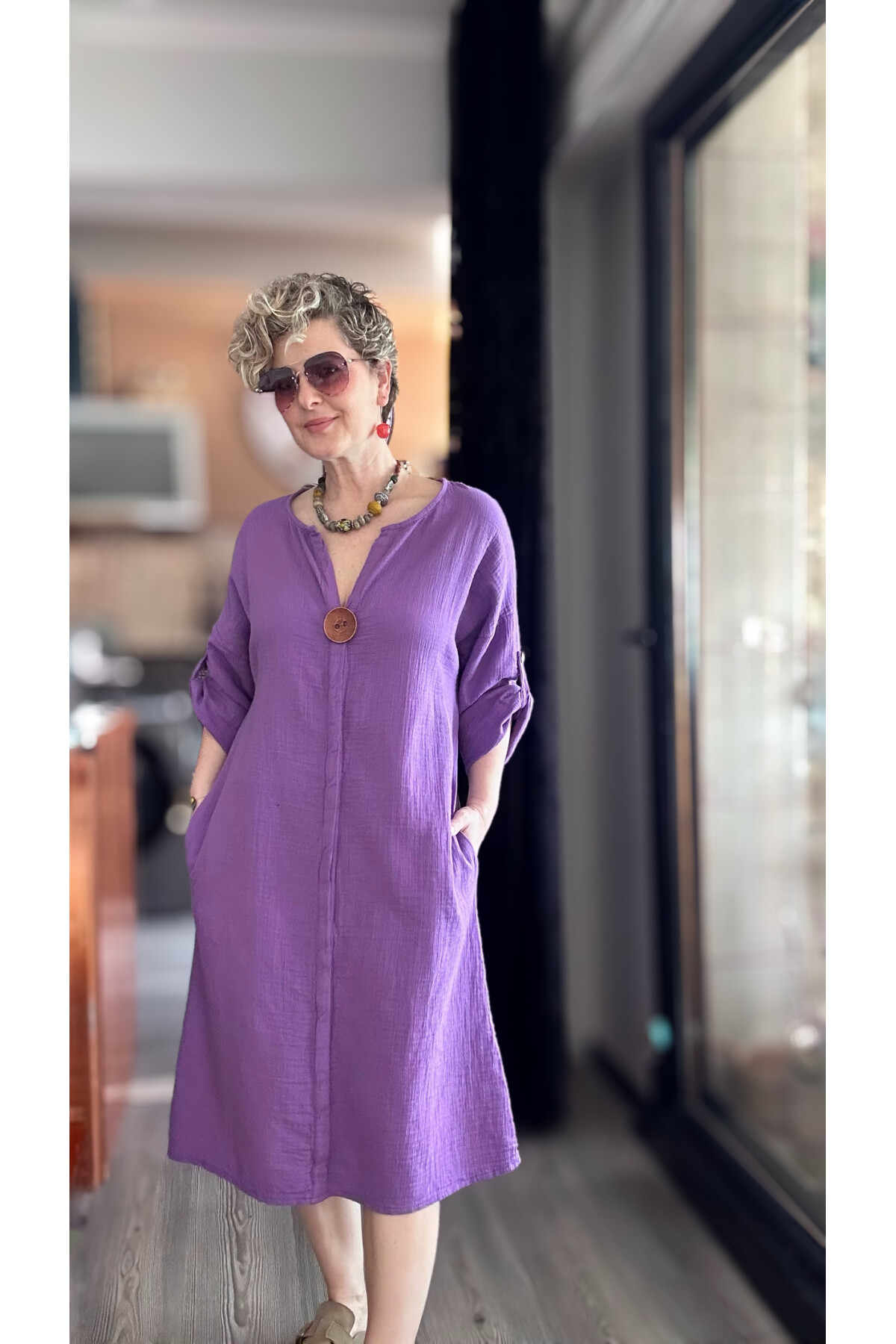 Faleria Müslin Tahta Düğme Elbise Mor