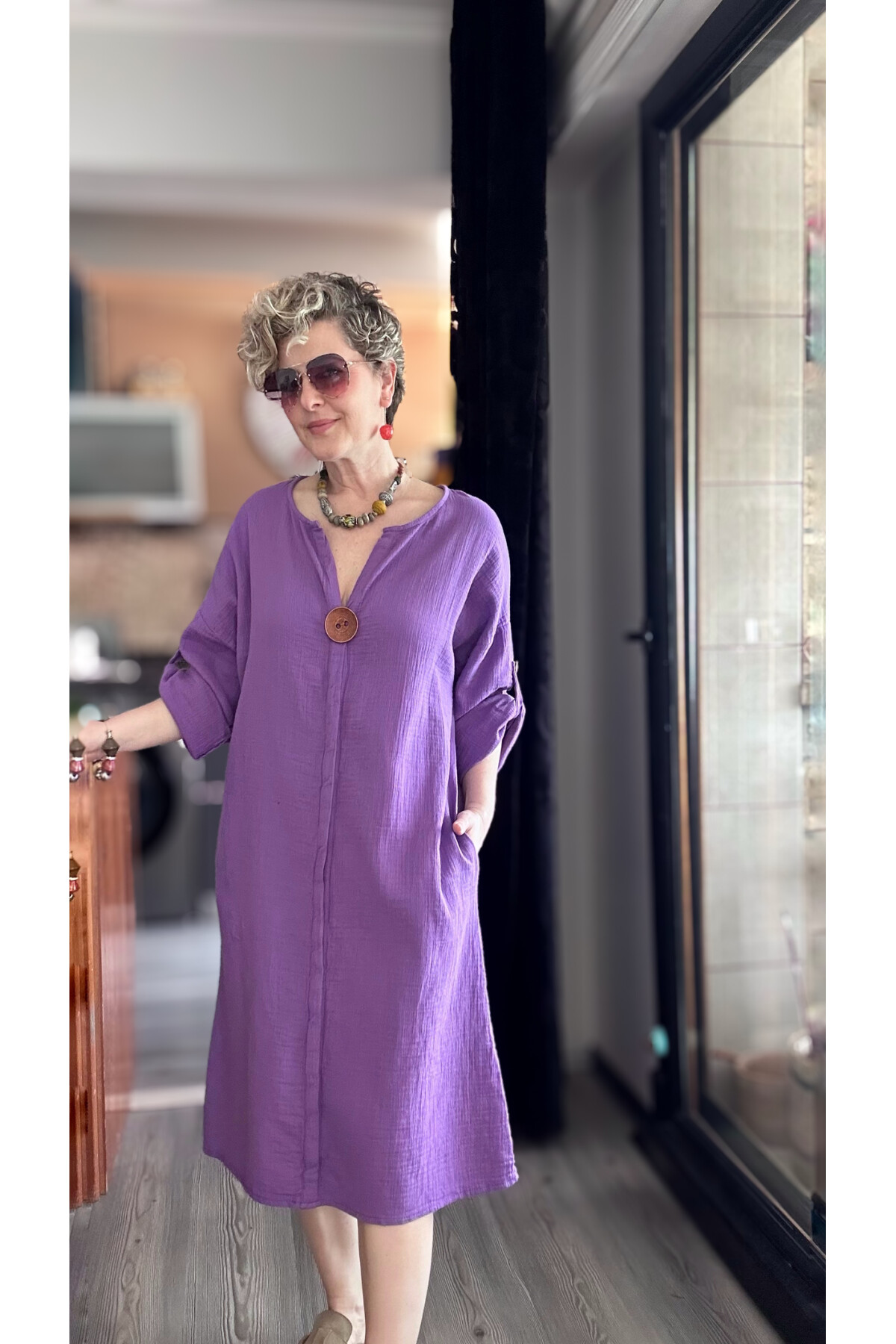 Faleria Müslin Tahta Düğme Elbise Mor