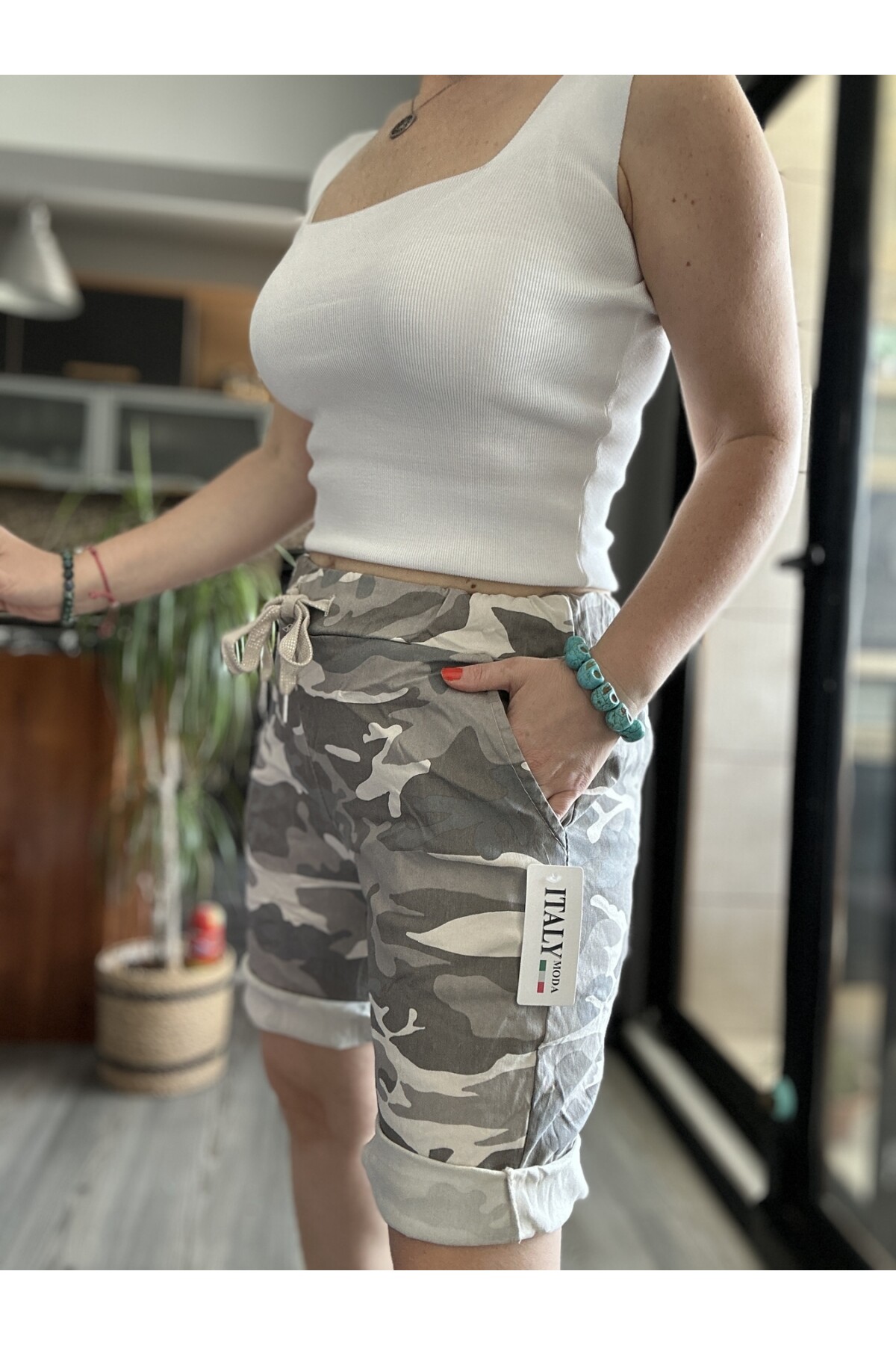 Fammy İtalyan Kamuflaj Şort Beige