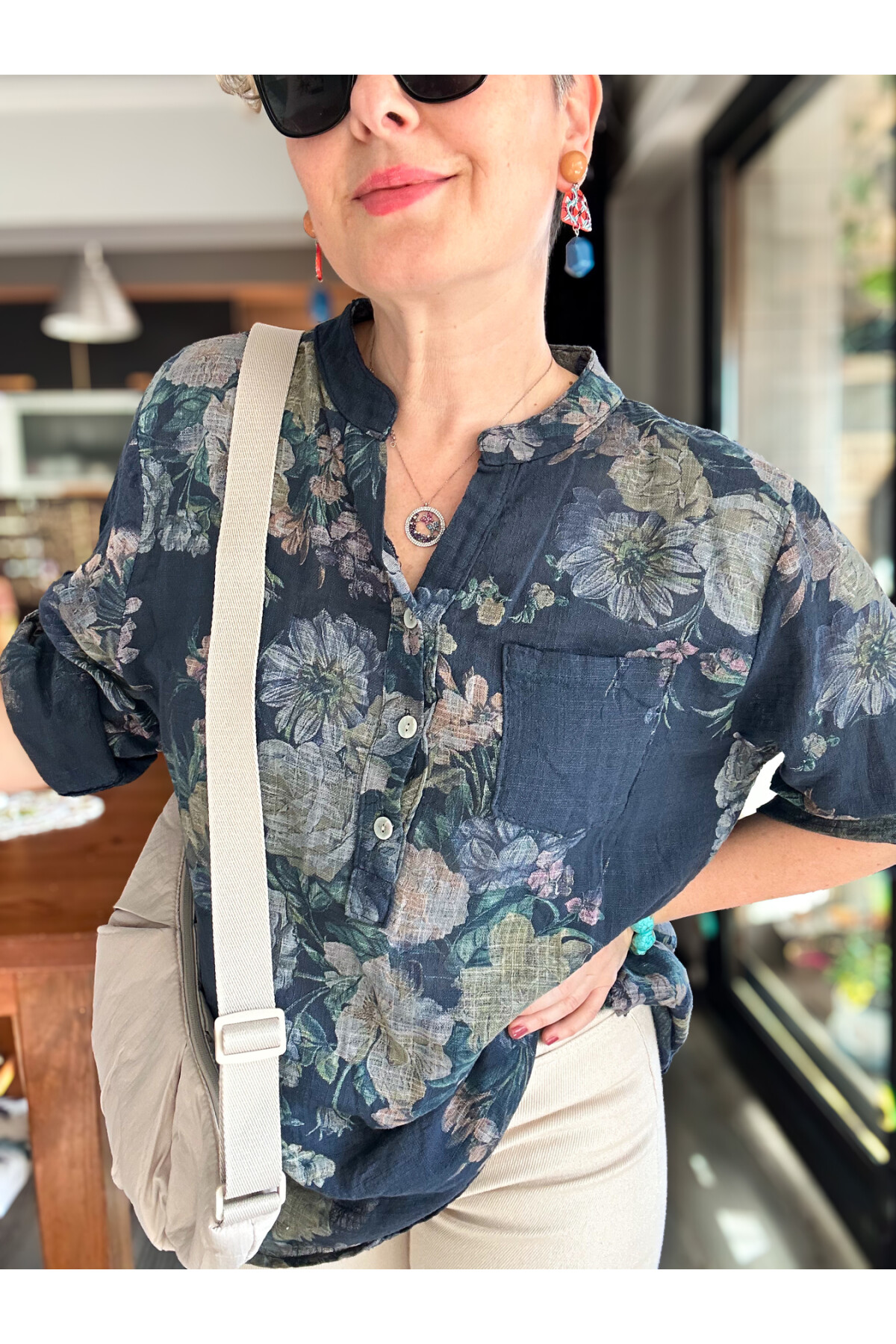 Felice Gül Desenli İtalyan Gömlek Lacivert