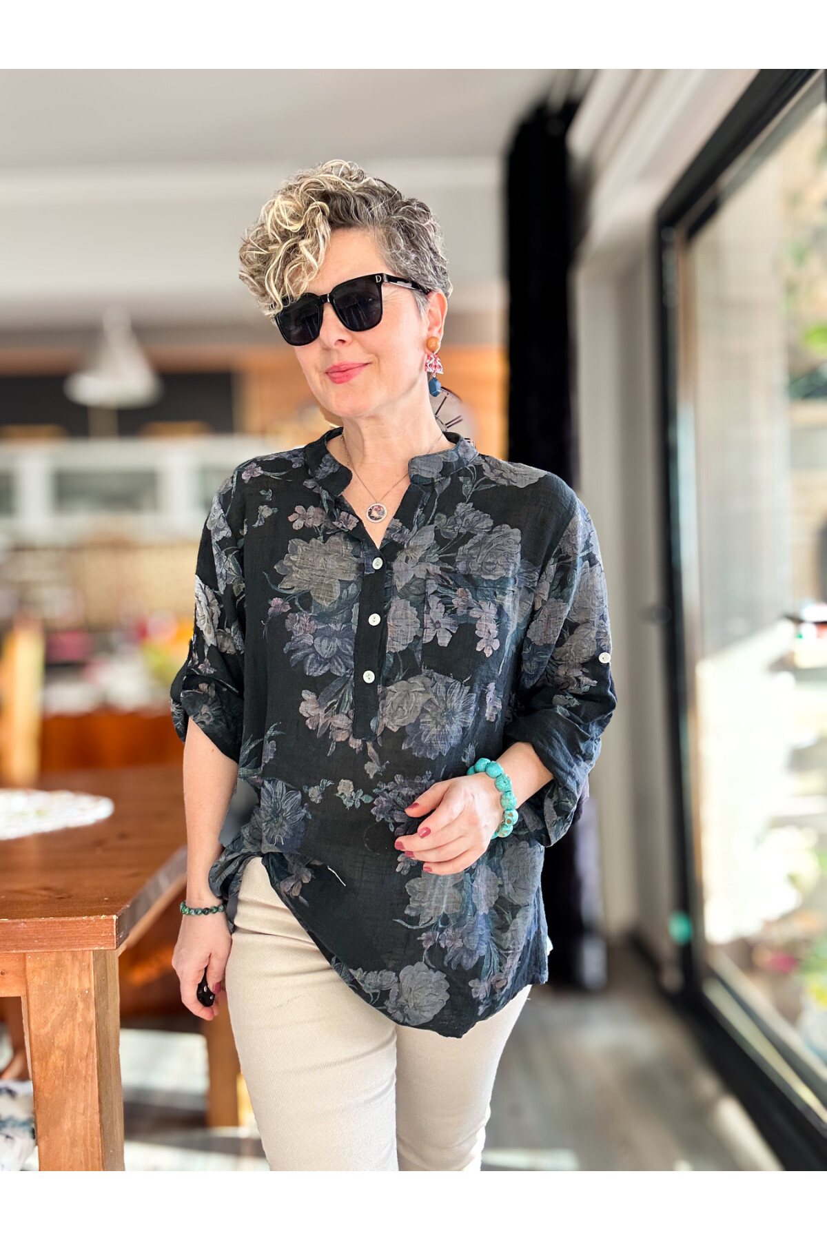 Felice Gül Desenli İtalyan Gömlek Siyah