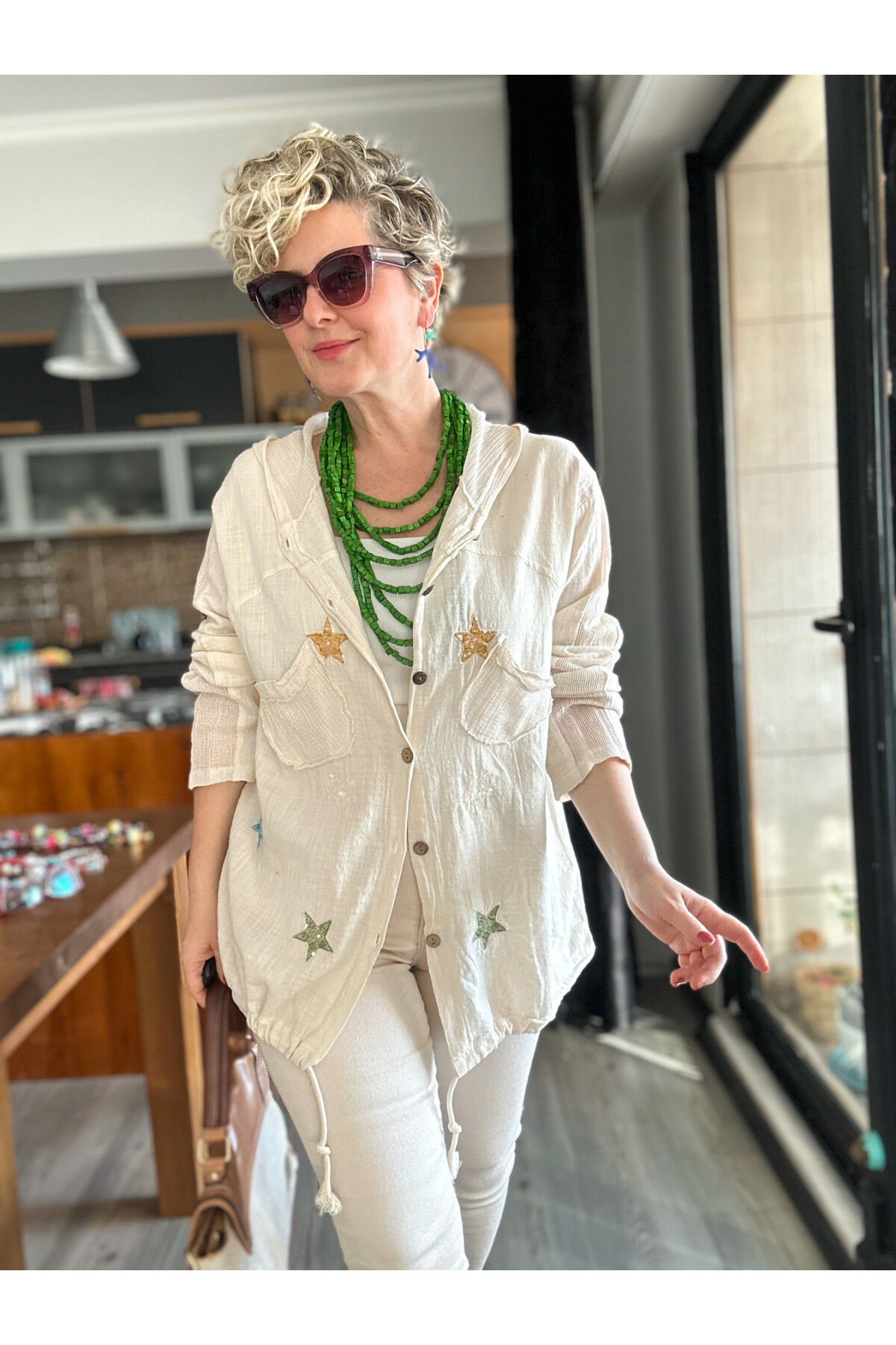 Feliz Yıldız File Detay Pul İşleme Hırka Ceket Ekru