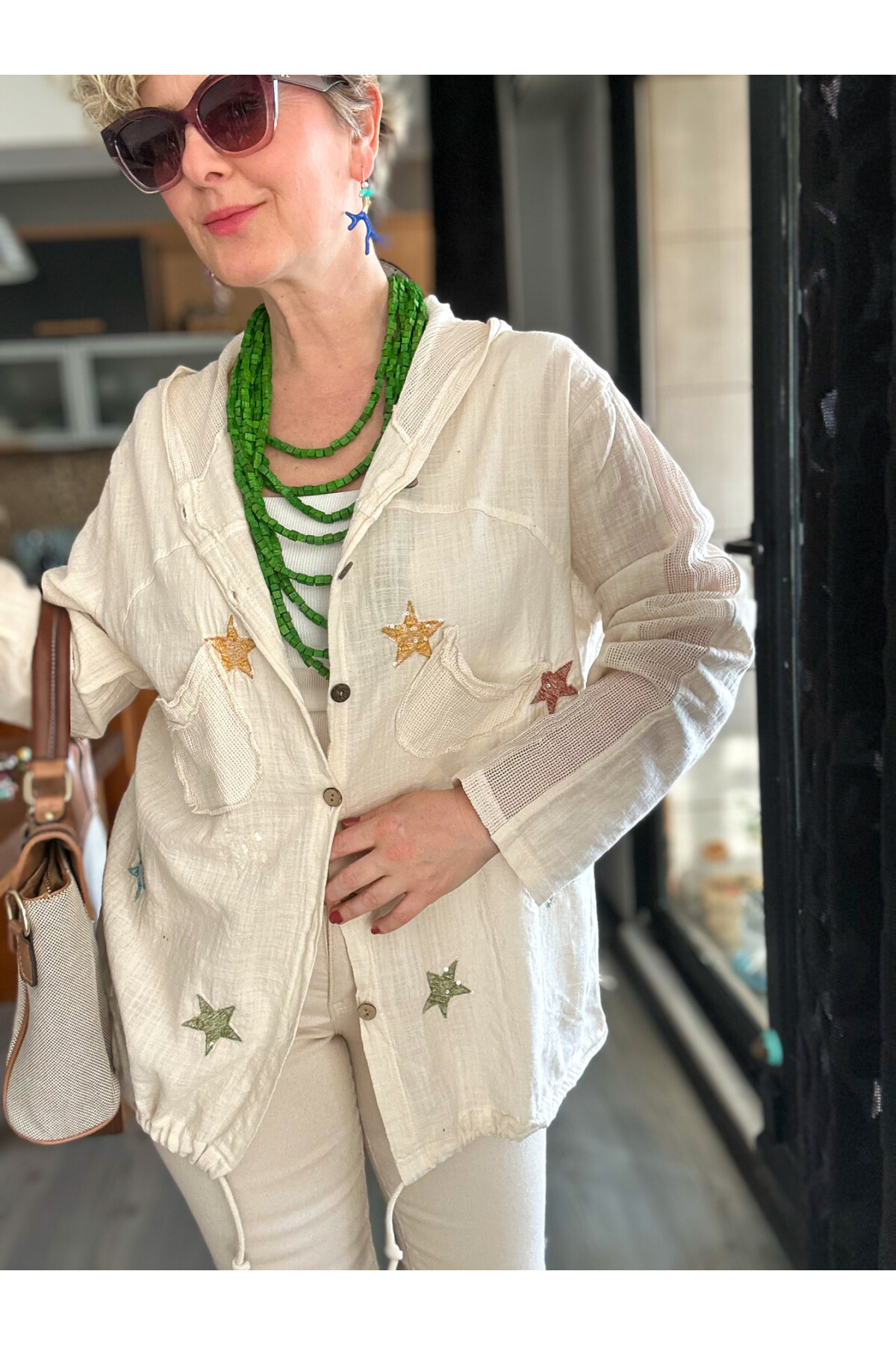 Feliz Yıldız File Detay Pul İşleme Hırka Ceket Ekru