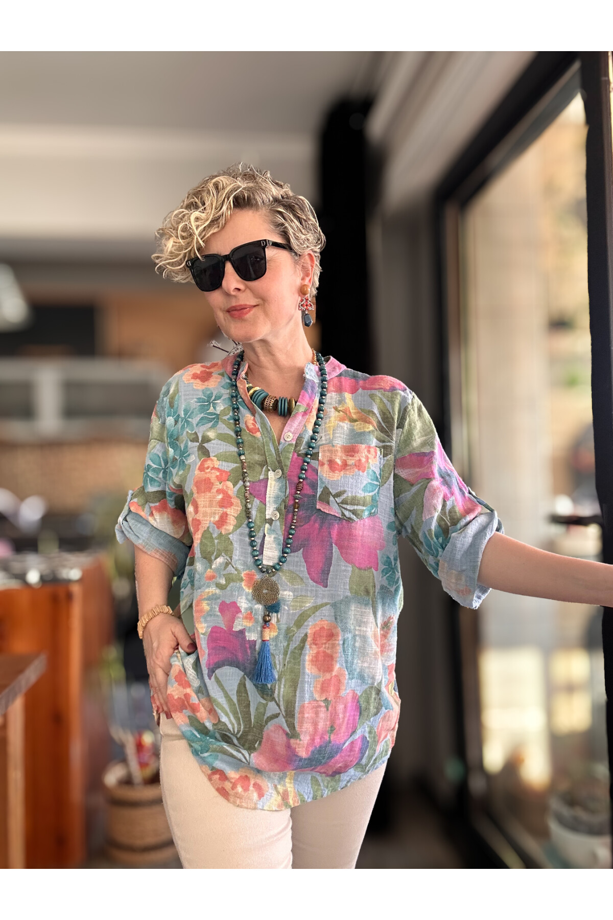 Felli Zambak Desen Desenli İtalyan Gömlek Açık Mavi