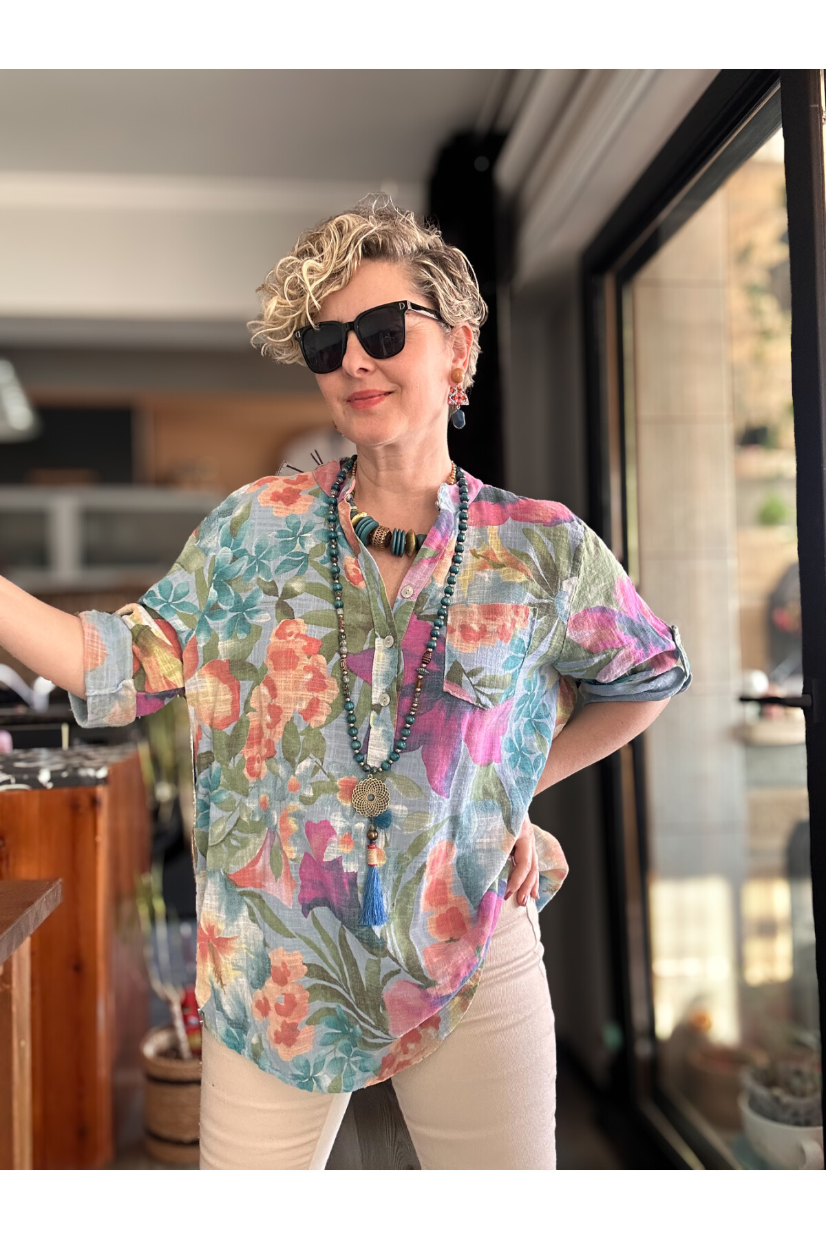 Felli Zambak Desen Desenli İtalyan Gömlek Açık Mavi