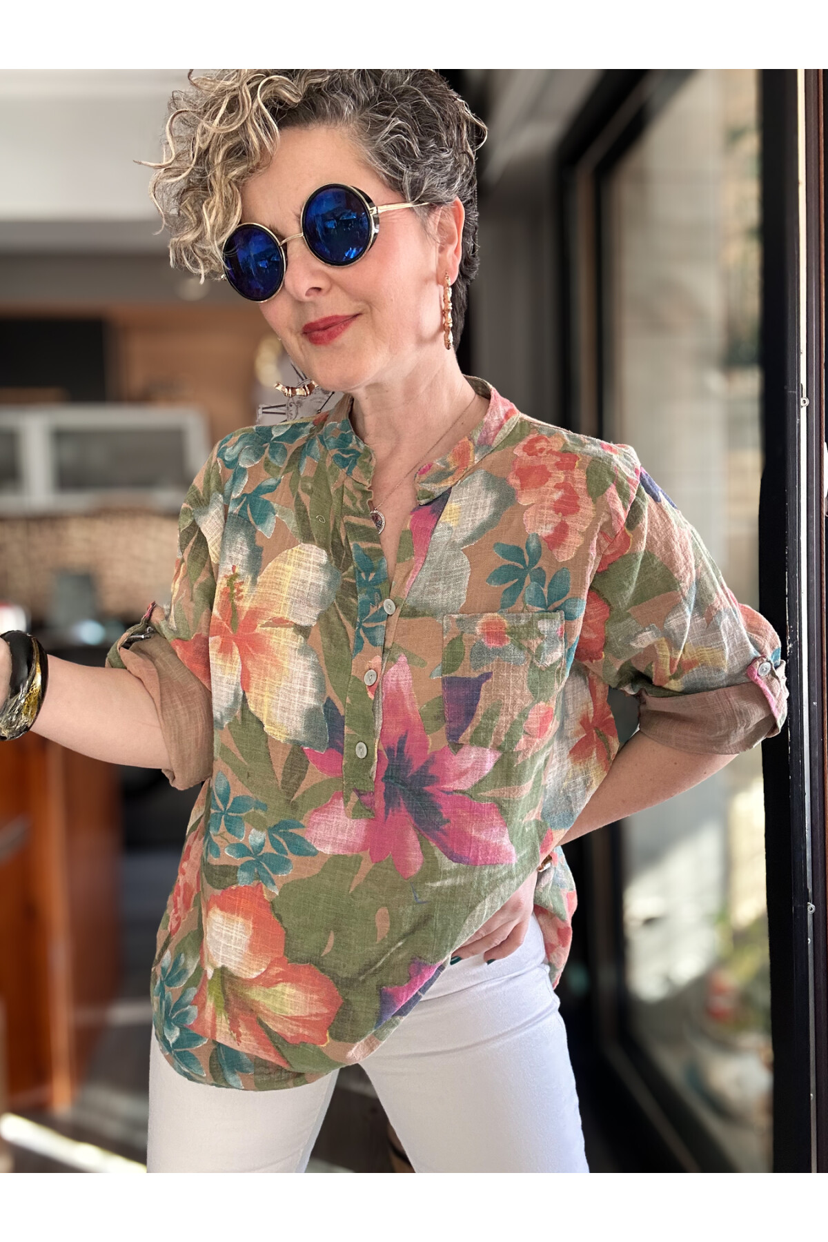 Felli Zambak Desen Desenli İtalyan Gömlek Cappucino