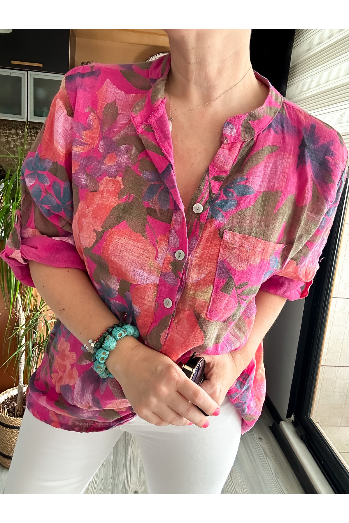 Felli Zambak Desen Desenli İtalyan Gömlek Fuşya