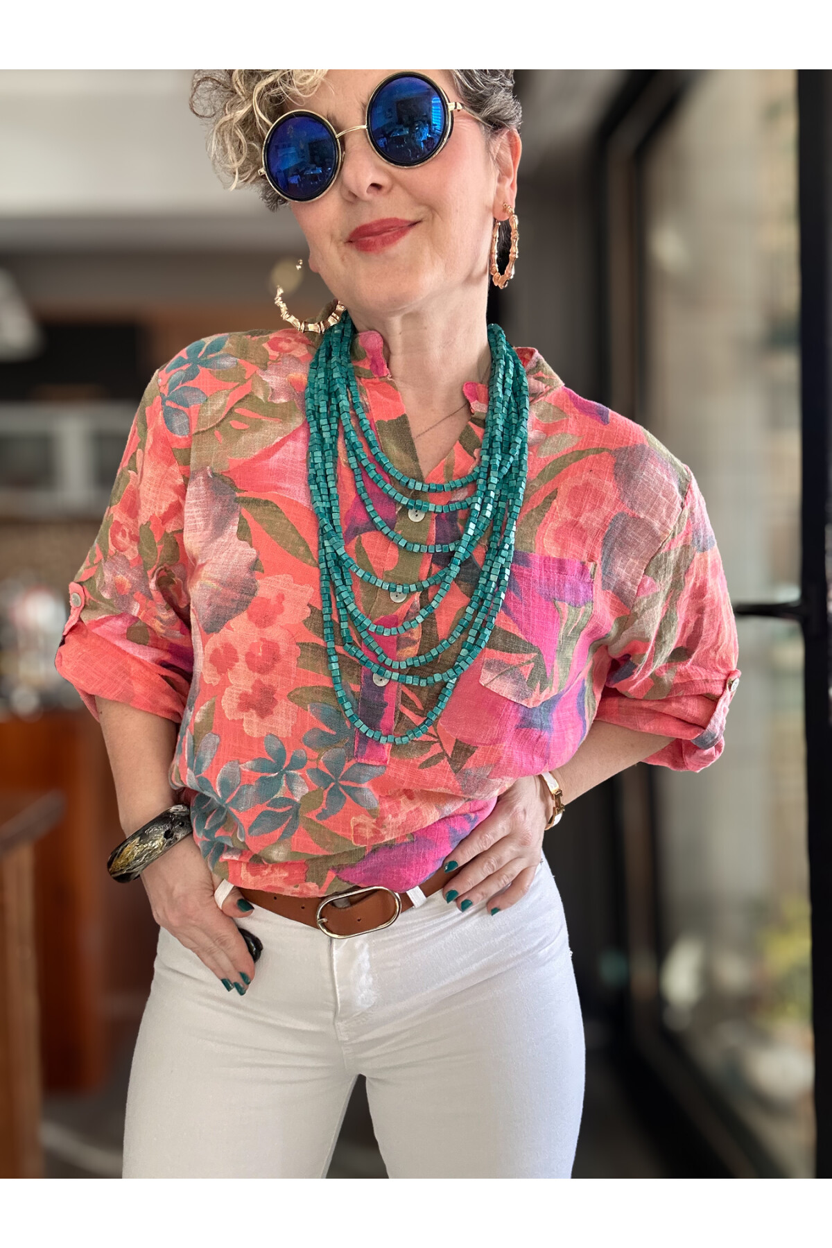 Felli Zambak Desen Desenli İtalyan Gömlek Mercan