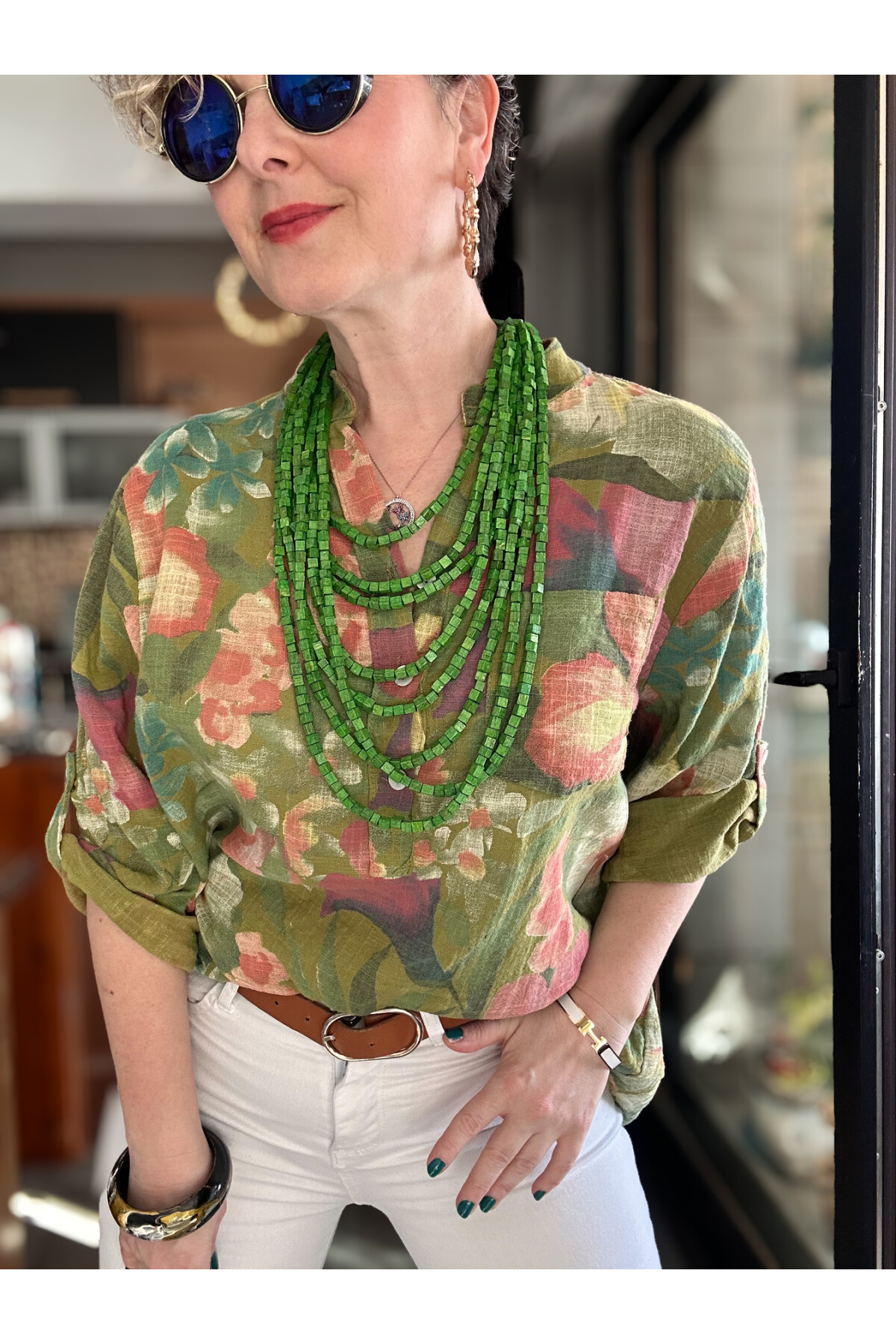 Felli Zambak Desen Desenli İtalyan Gömlek Yağ Yeşil