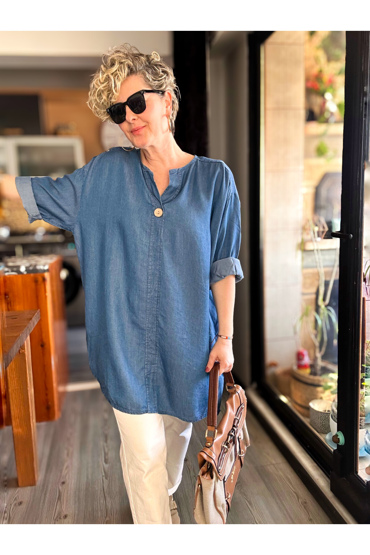 Felpa İtalyan Tek Düğme Tencel Kot Bluz İndigo