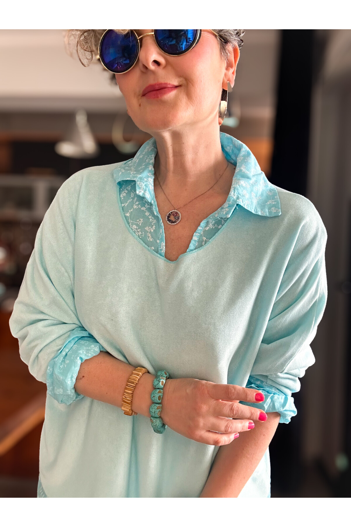 Femme İtalyan Gömlekli Bluz Triko Takım Bebe Mavi