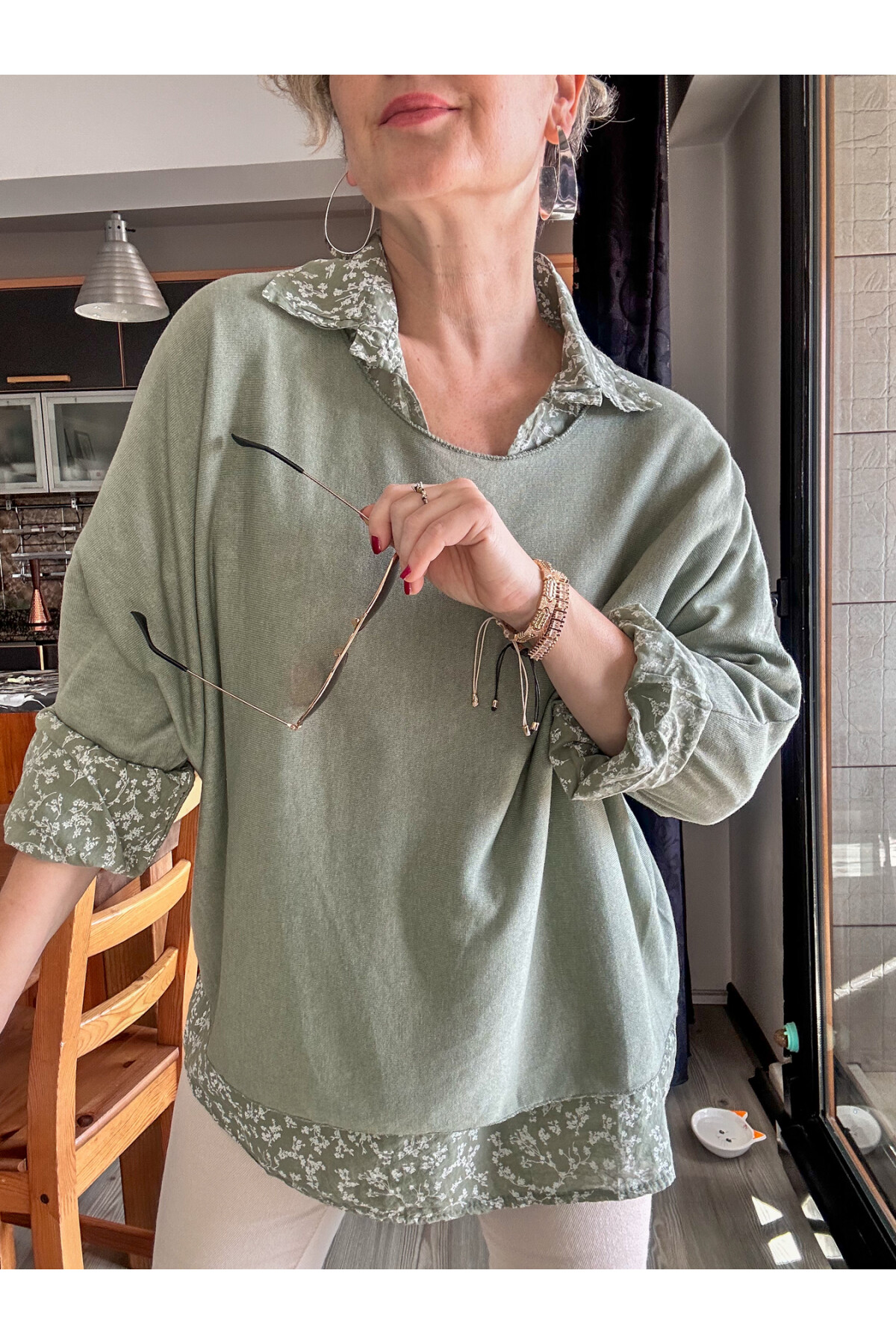 Femme İtalyan Gömlekli Bluz Triko Takım Çağla Yeşil