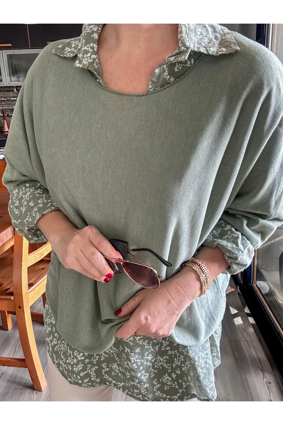 Femme İtalyan Gömlekli Bluz Triko Takım Çağla Yeşil