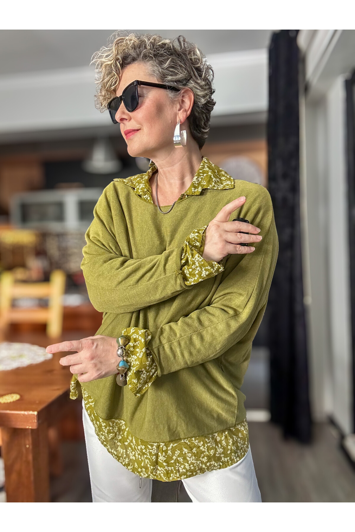 Femme İtalyan Gömlekli Bluz Triko Takım Fıstık Yeşil