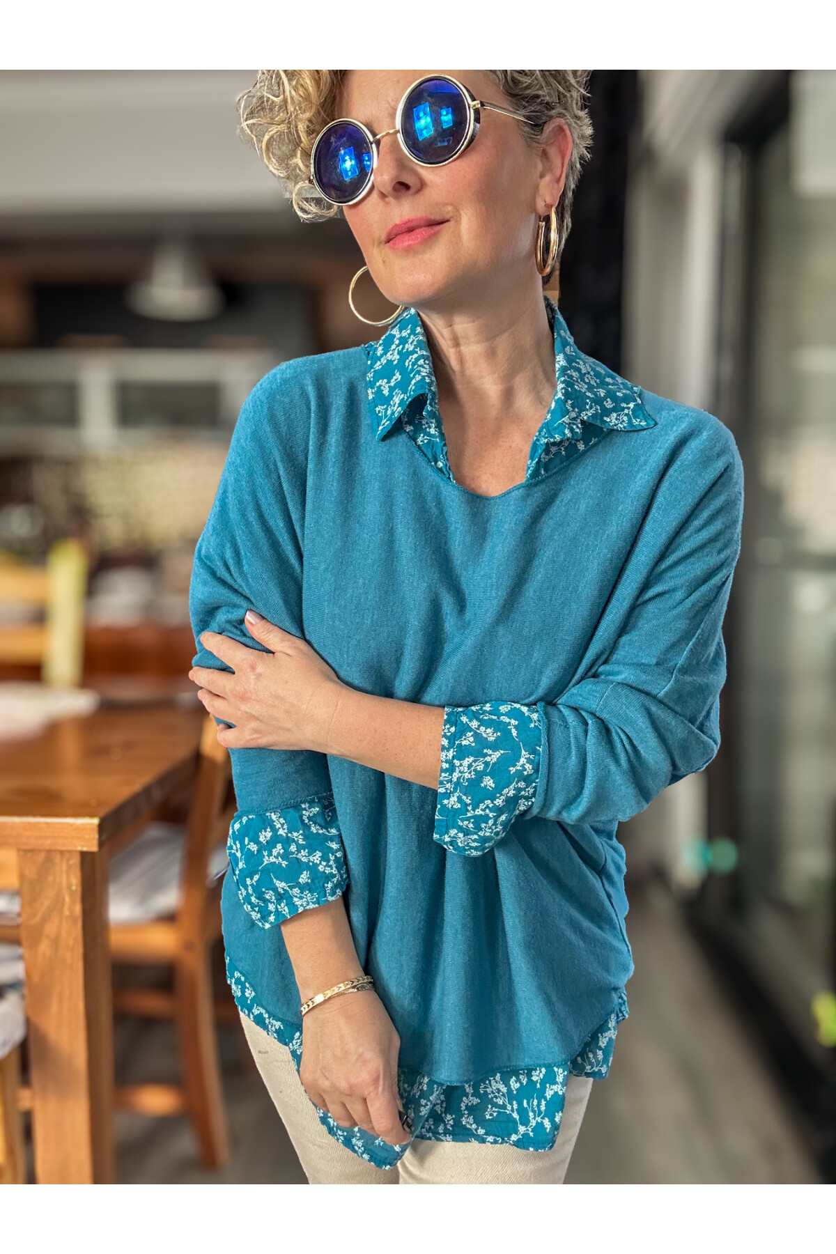 Femme İtalyan Gömlekli Bluz Triko Takım Turkuaz