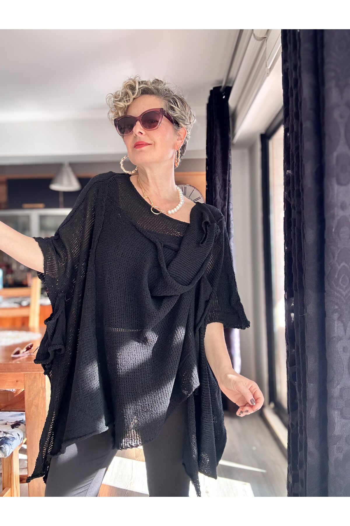 Fergi Bohem Asimetrik Merserize File Bluz Siyah