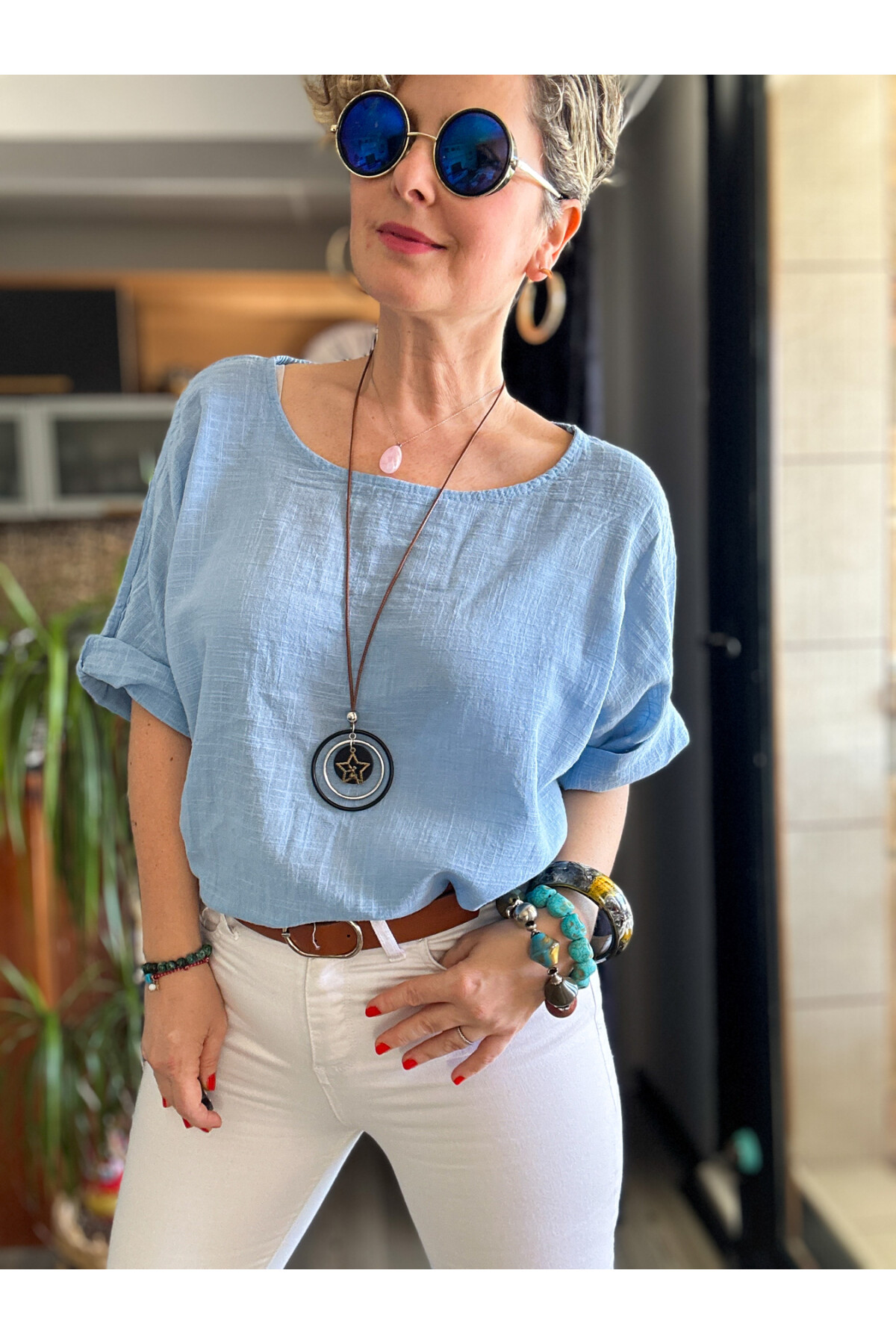 Fezza İthal Kolyeli Tasarım Bluz Bebe Mavisi