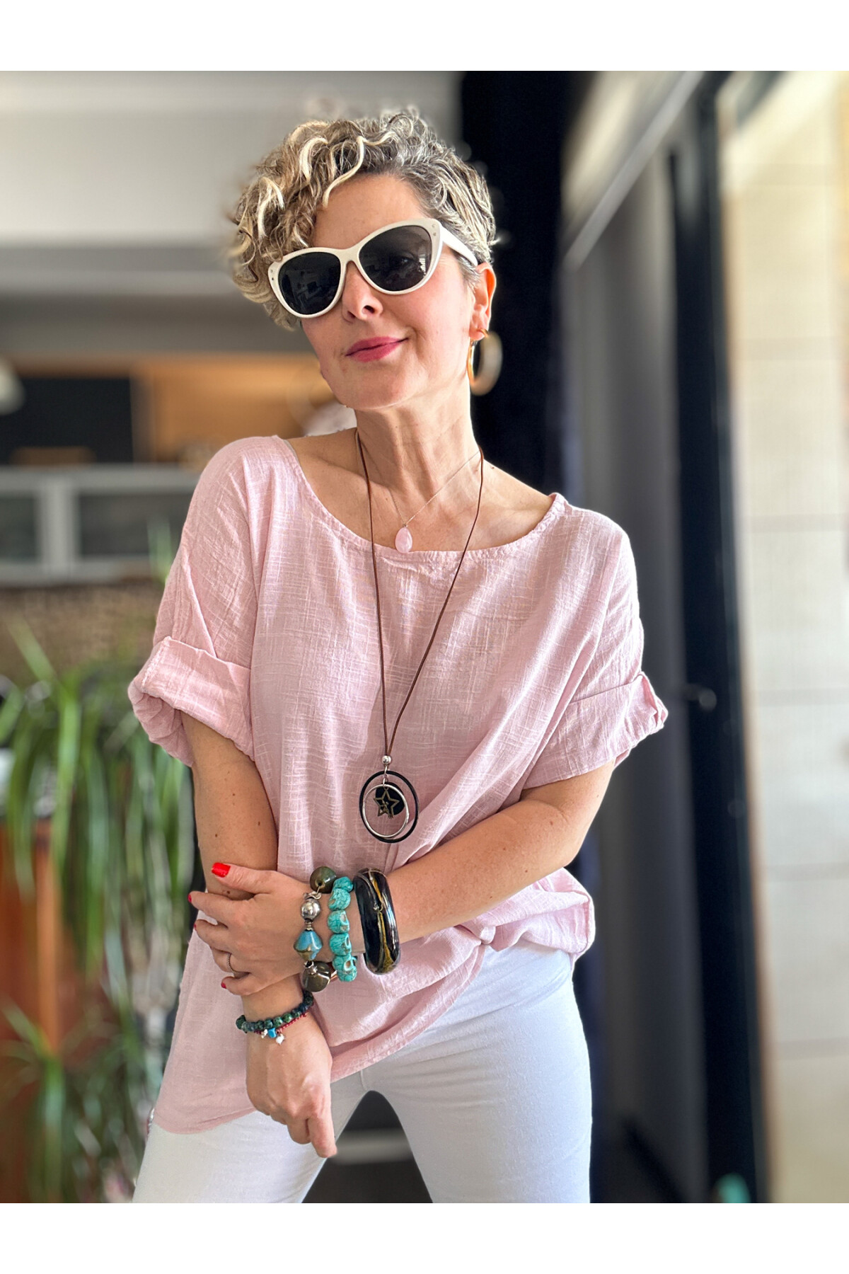 Fezza İthal Kolyeli Tasarım Bluz Toz Pembe