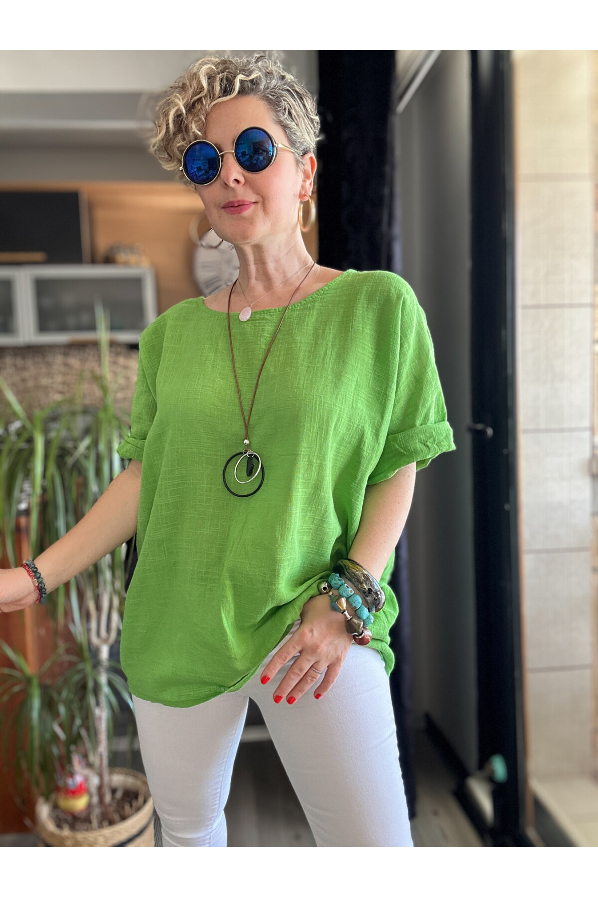 Fezza İthal Kolyeli Tasarım Bluz Çimen Yeşil