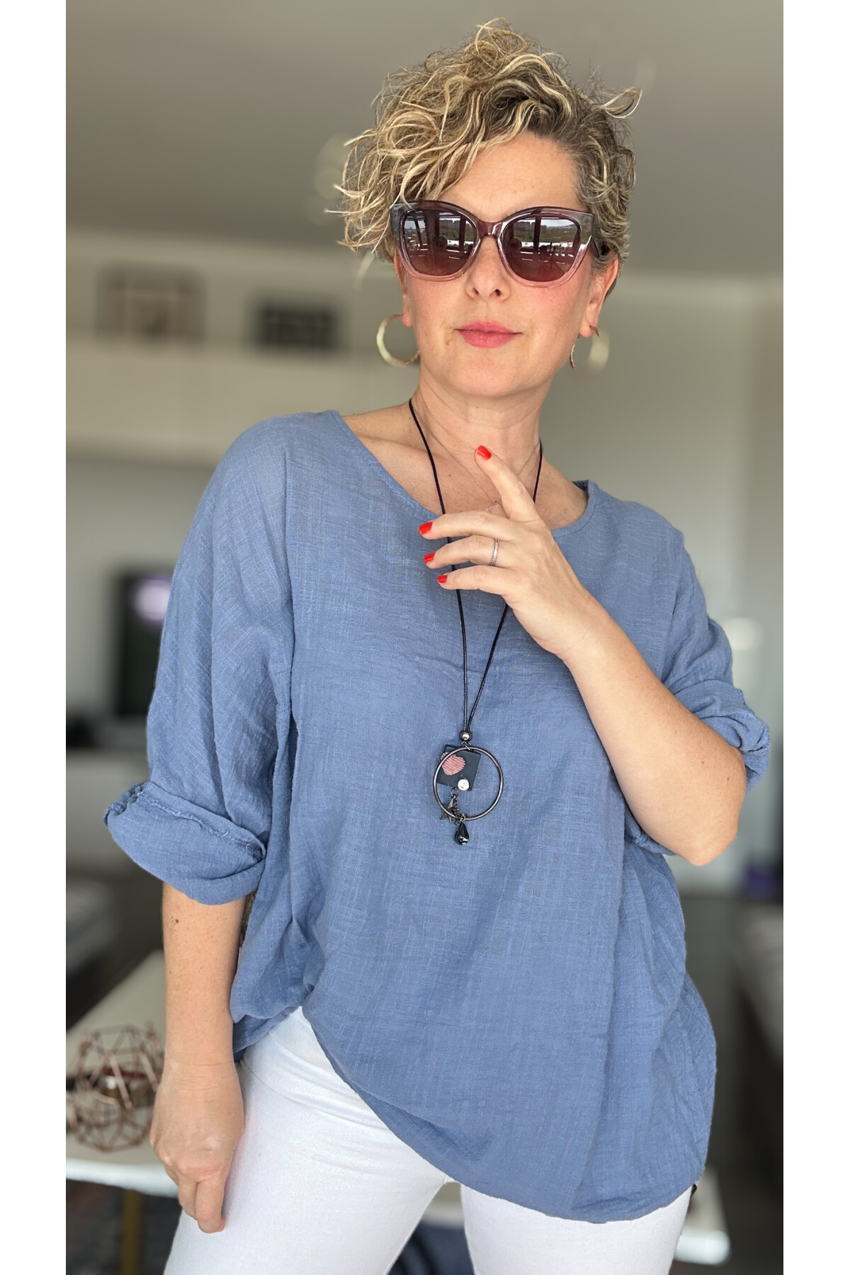 Fezza İthal Kolyeli Tasarım Bluz İndigo