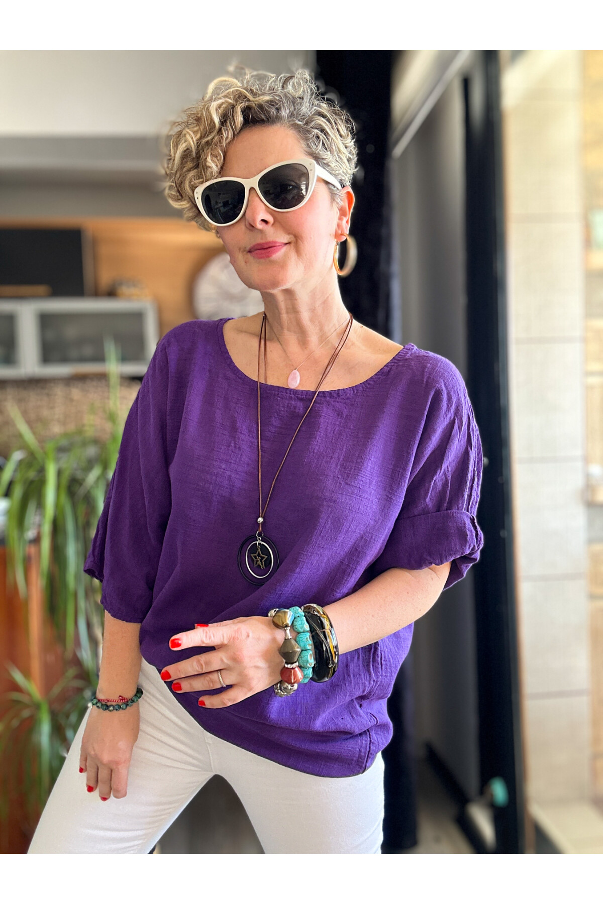 Fezza İthal Kolyeli Tasarım Bluz Mor