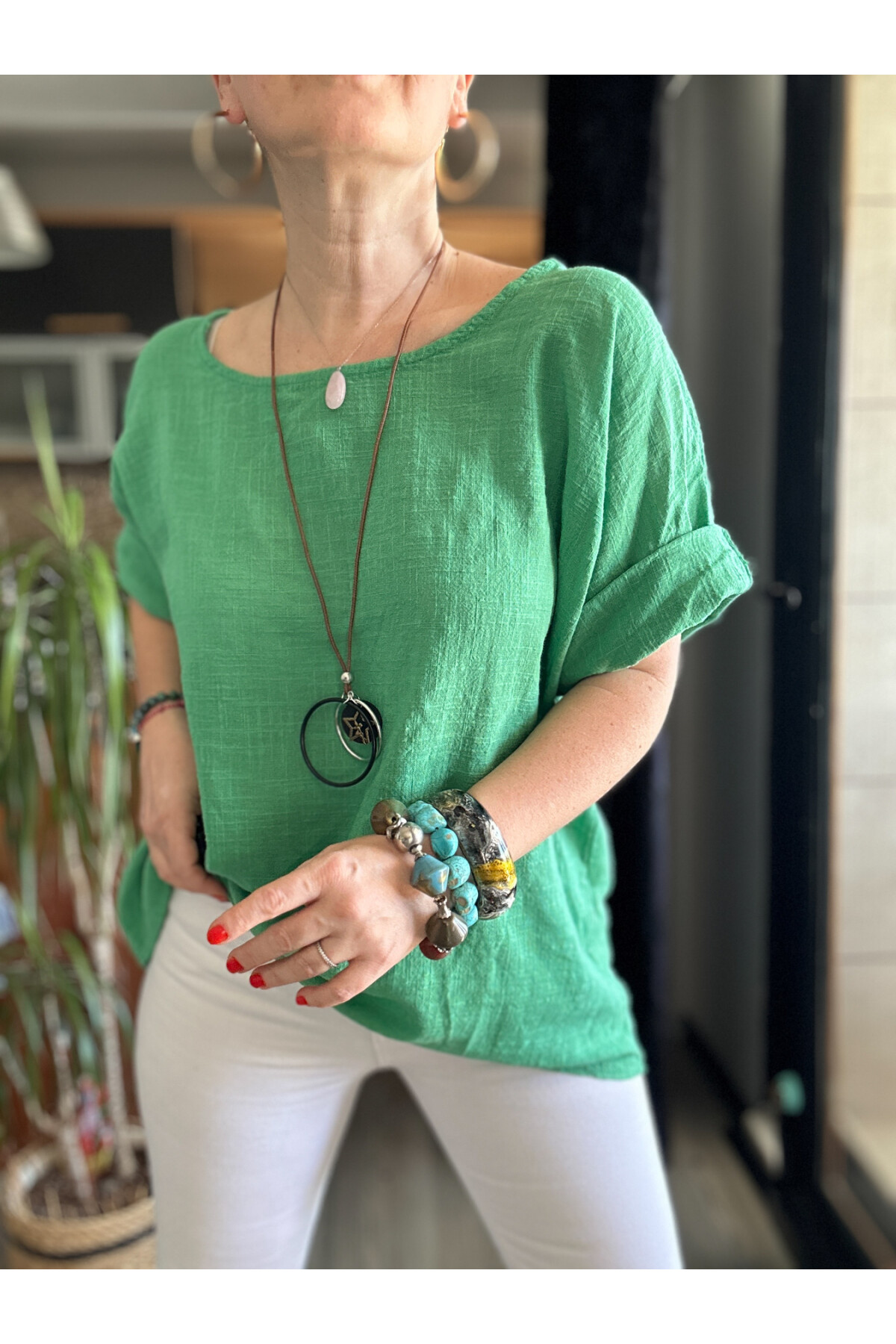 Fezza İthal Kolyeli Tasarım Bluz Yeşil