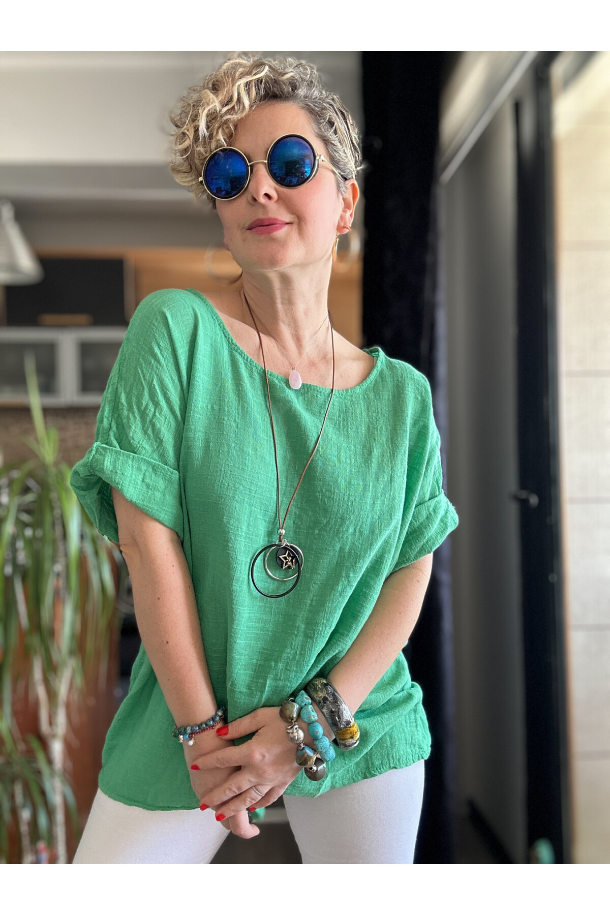 Fezza İthal Kolyeli Tasarım Bluz Yeşil