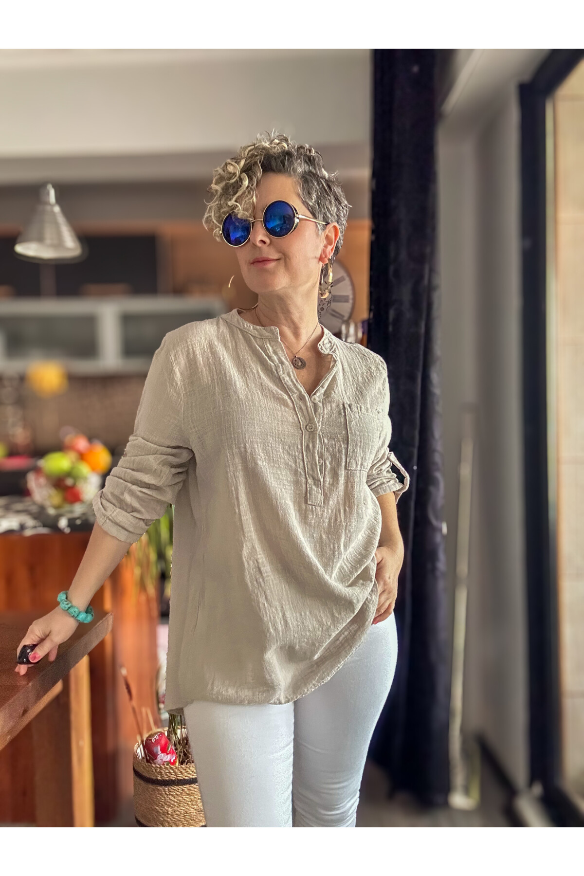 Figi İtalyan Tek Cep Gömlek Bej