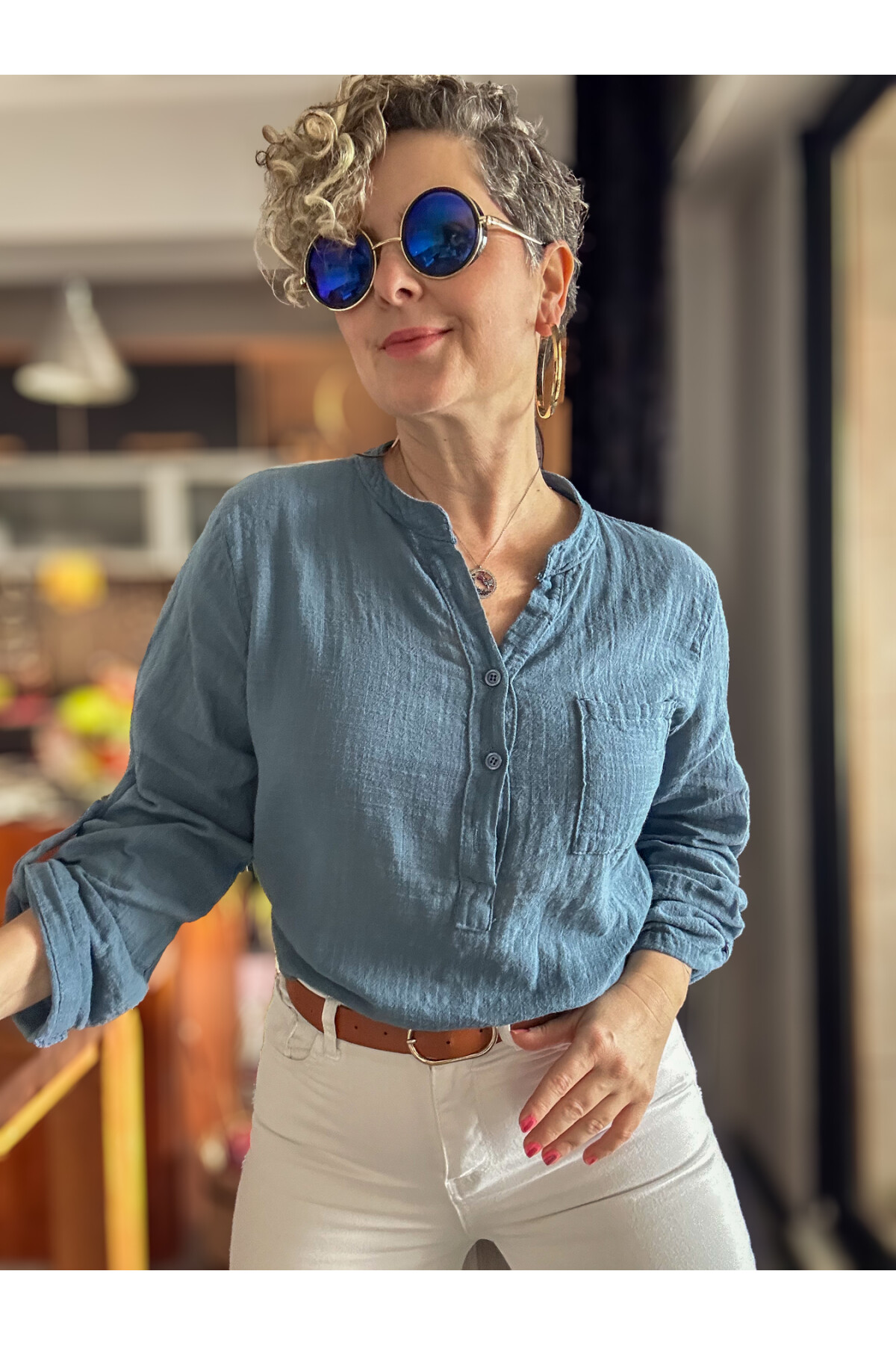 Figi İtalyan Tek Cep Gömlek İndigo