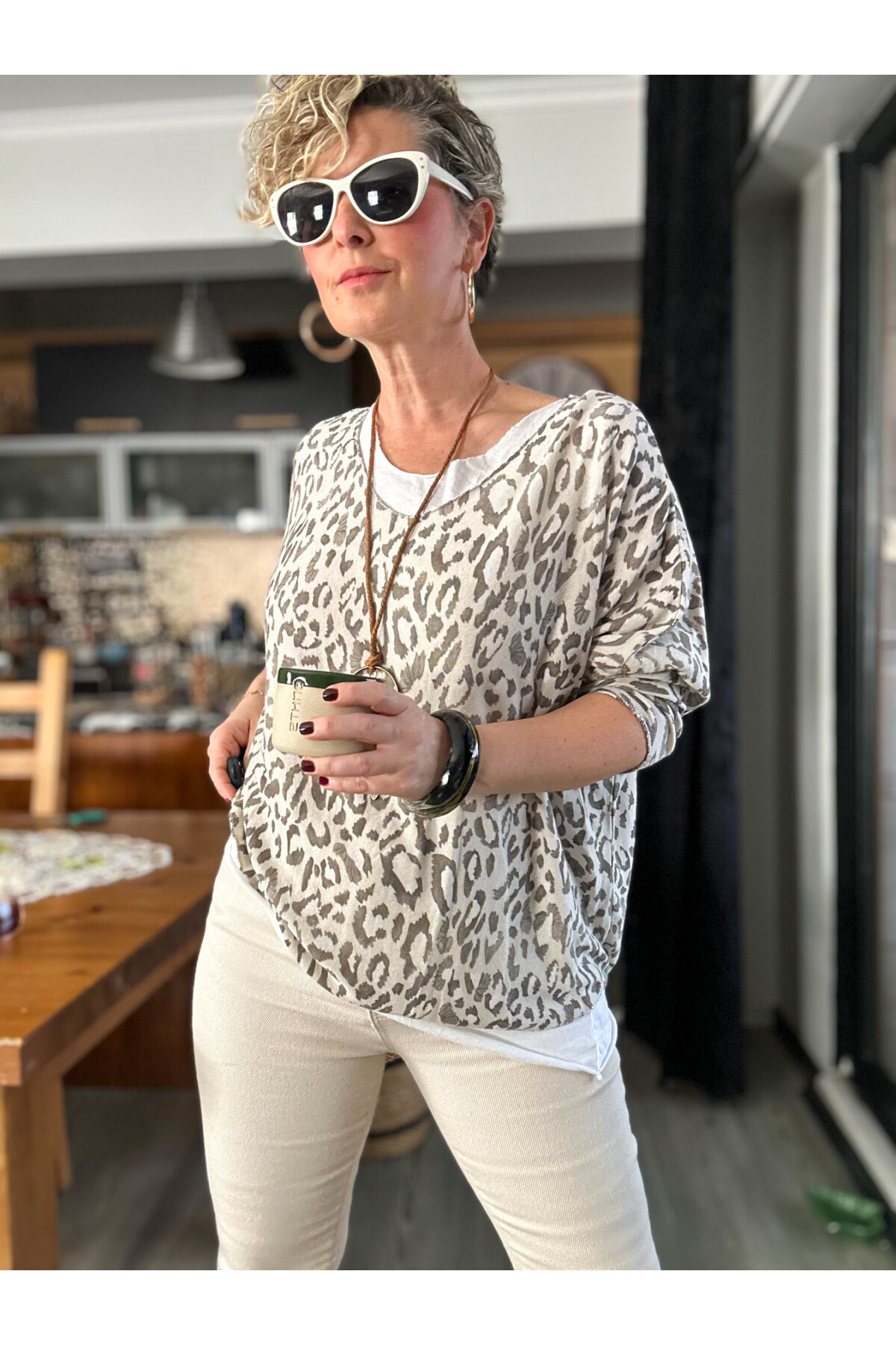 Fuggi Leopar Desen Kolyeli İtalyan Bluz Beige