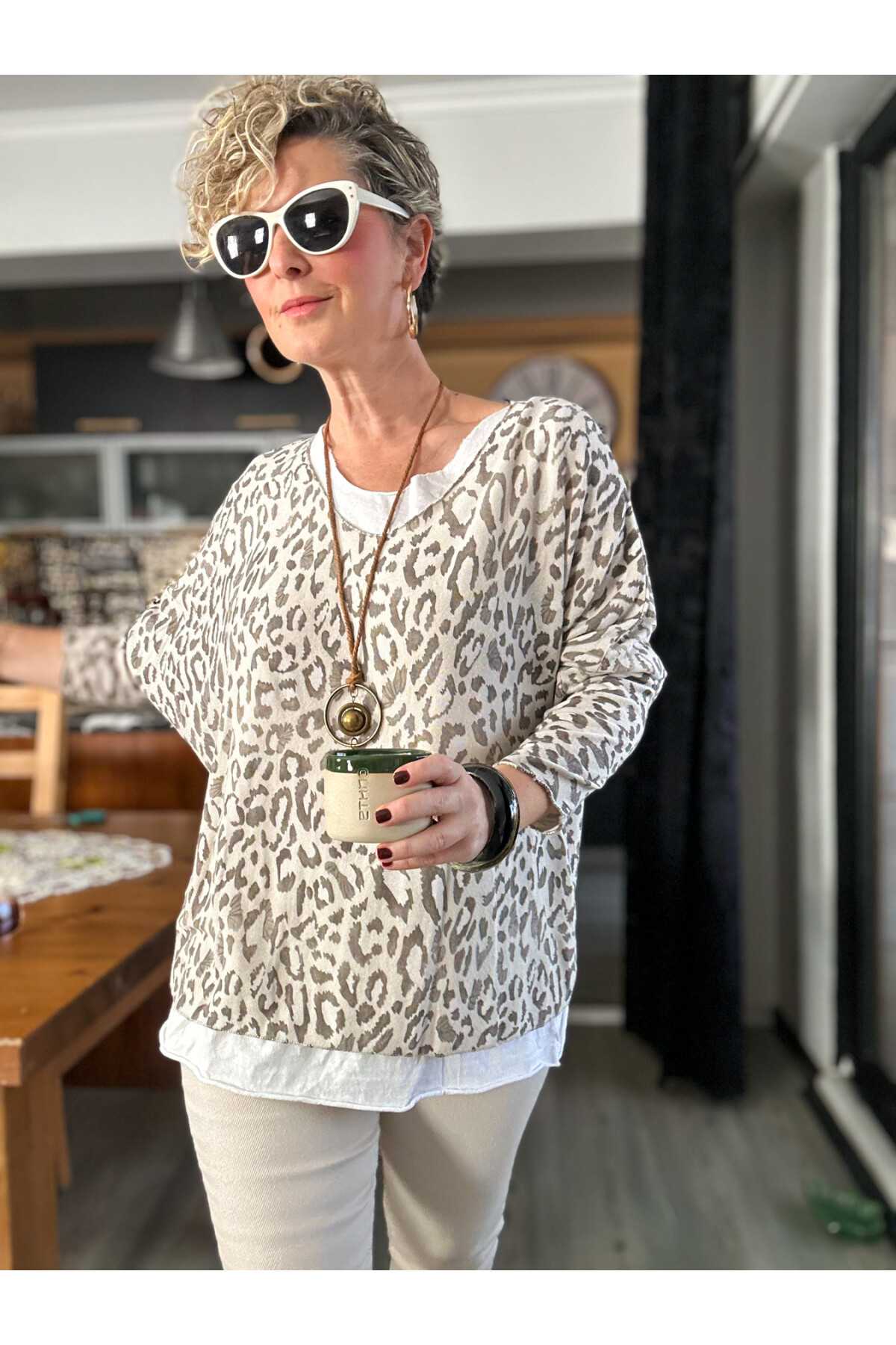 Fuggi Leopar Desen Kolyeli İtalyan Bluz Beige